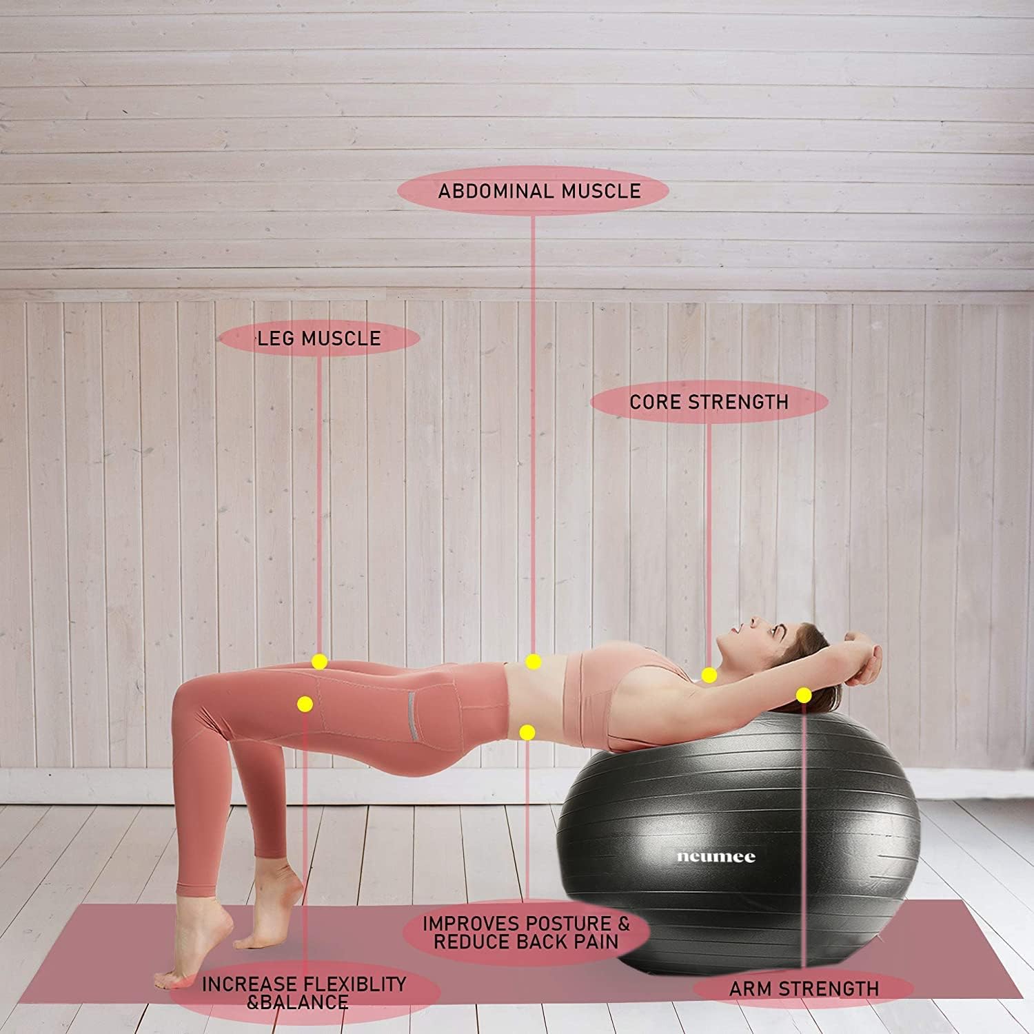 Yoga Ball Chair with 65cm Exercise Ball & 2 Resistance Bands, Stability Base for Home Office, Yoga, Pilates & Fitness, Balance Ball for Posture