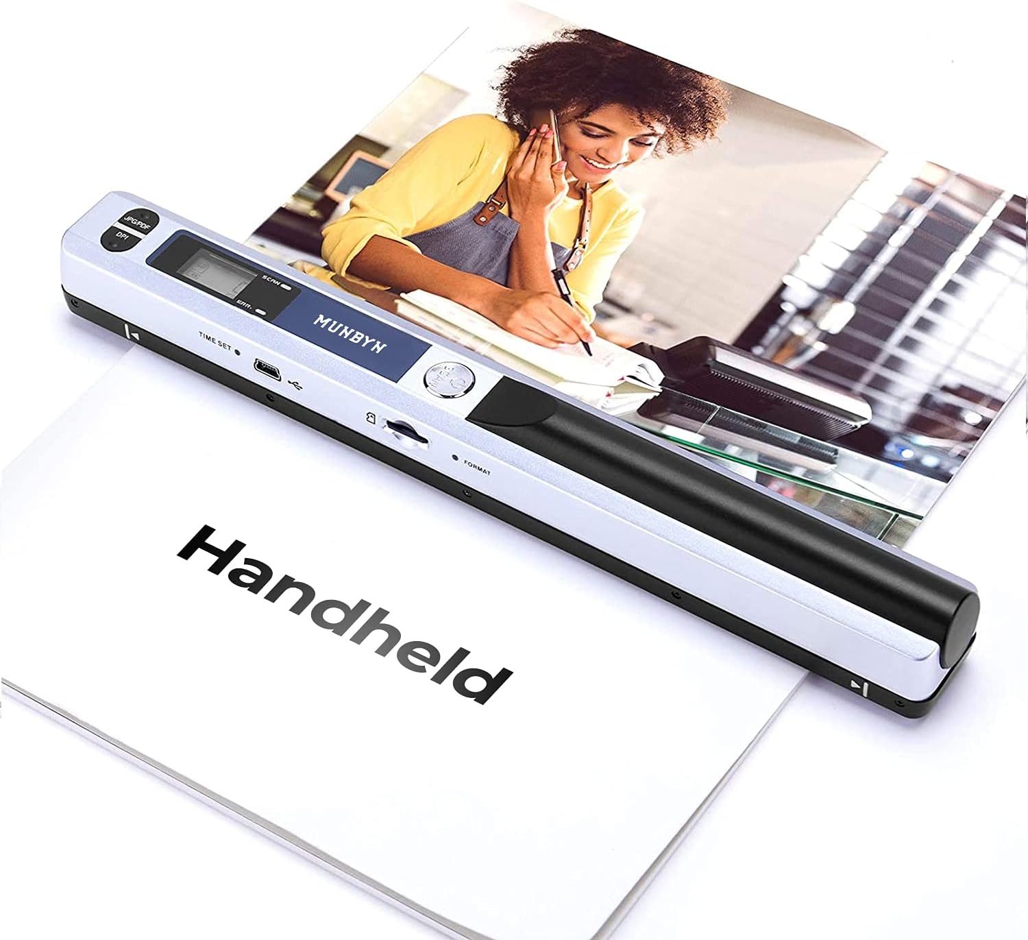 MUNBYN Portable Scanner, 900 DPI Handheld Wand Scanner, A4, 16GB SD, Black | A4 document/photo scanning, JPG/PDF output, flat scanning, USB transfer to PC/laptop, 16GB SD card included, no driver needed