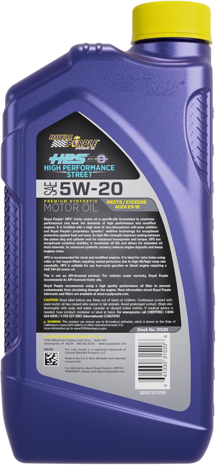Royal Purple (36250-6PK HPS 20W-50 Synthetic Motor Oil with Synerlec Additive Technology - 1 Quart, (Case of 6)