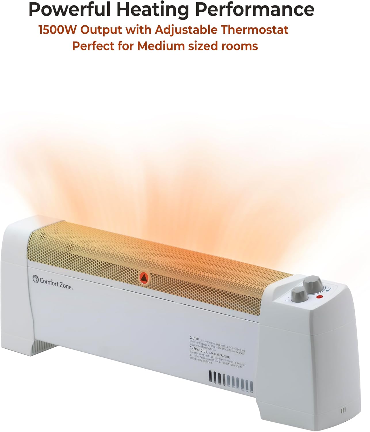 Comfort Zone Electric Baseboard Space Heater with Adjustable Thermostat, Dent-Proof End Panels, Overheat Protection, Tip-Over Switch, & Stay-Cool Body, Ideal for Home, Bedroom, & Office, 1,500W, CZ600