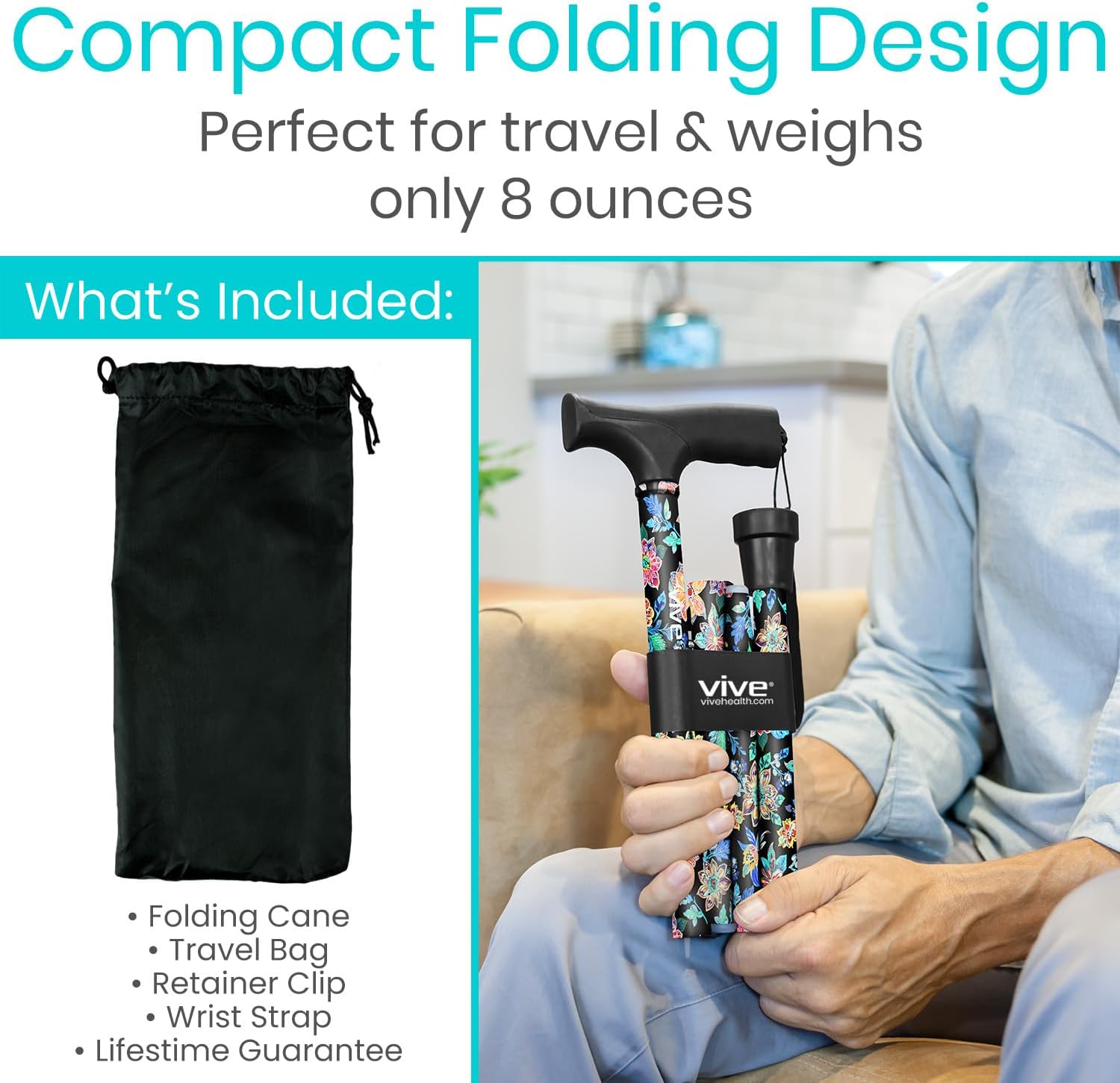 Vive Folding Cane - Foldable Walking Cane for Men, Women - Fold-up, Collapsible, Lightweight, Adjustable, Portable Hand Walking Stick - Balancing Mobility Aid - Sleek, Comfortable | Lightweight, Adjustable, Portable Hand Stick Balancing Mobility Aid Slee…