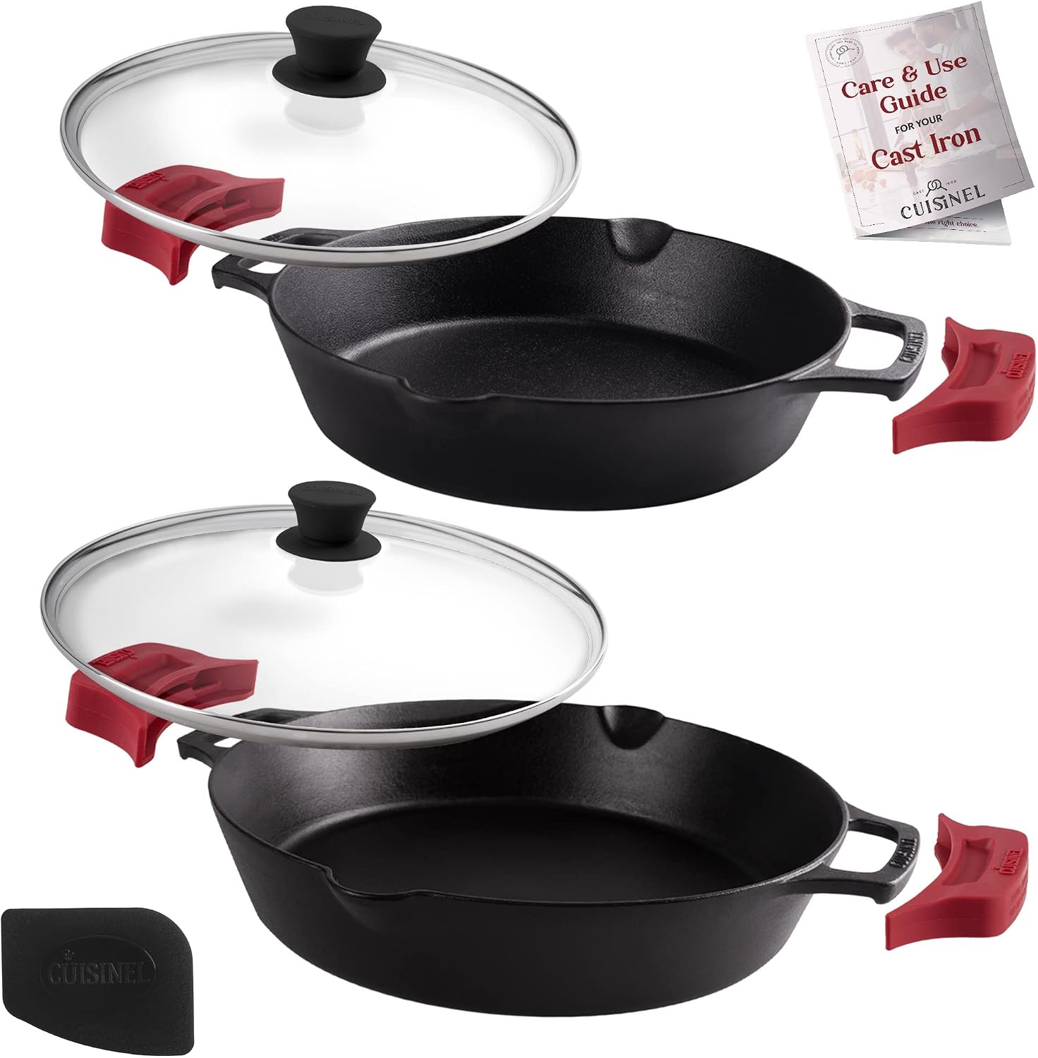 Cuisinel Cast Iron Skillet with Lid - 10"-Inch Pre-Seasoned Frying Pan + Glass Cover + Heat-Resistant Handle Holder - Indoor/Outdoor Use - Grill, Stove, Camp Firepit, Induction - Oven Safe Cookware