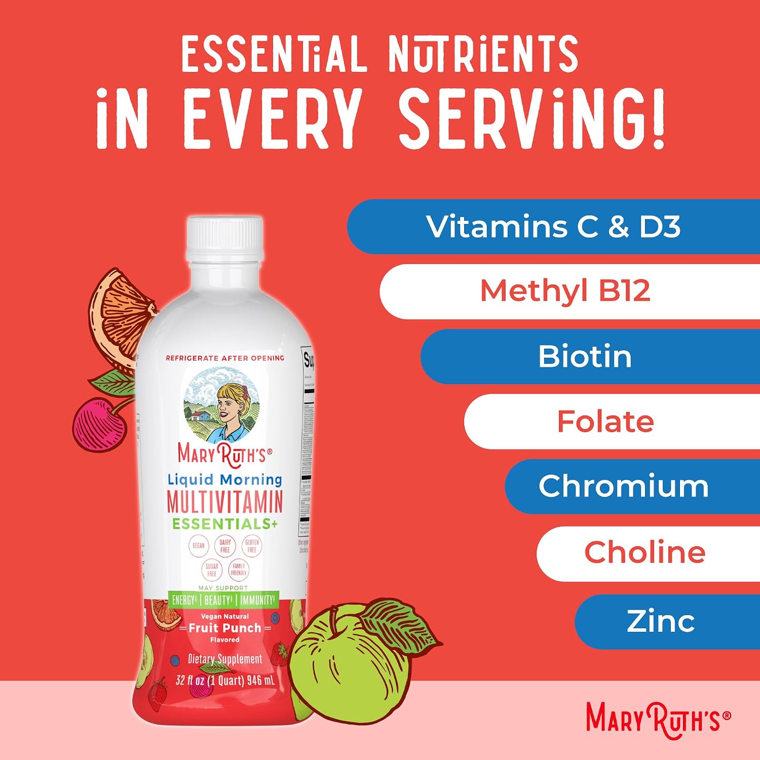 MaryRuth's Liquid Morning Multivitamin Essentials+, 2 Flavors, Vegan, 32oz
