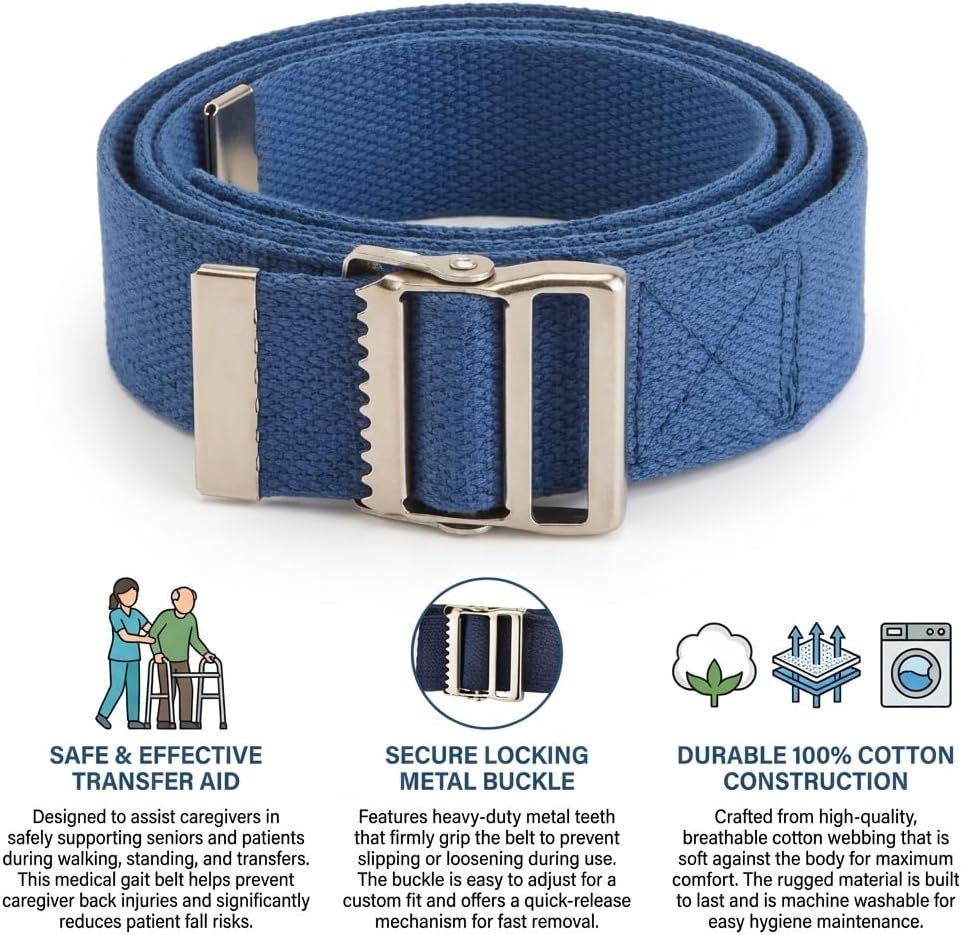 NOVA Medical Gait Belt 72” – Metal Buckle Transfer Belt for Patient Mobility, Striped Cotton, Adjustable Walking Assist for Elderly, Caregivers & Nurses – Durable, Washable, Portable with Bag