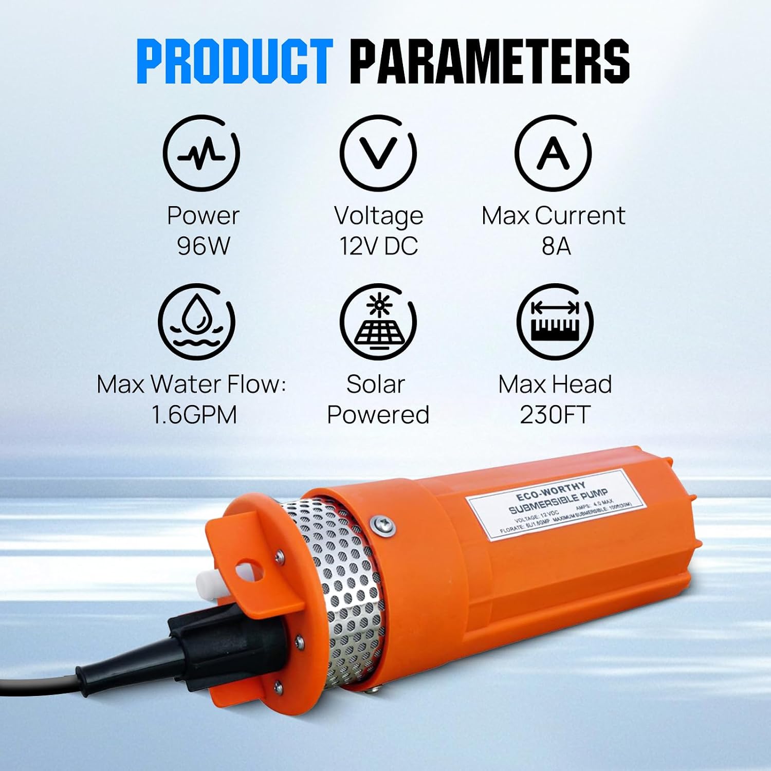 ECO-WORTHY 24V Submersible Deep Well Water Pump with 10ft Cable 1.6GPM 4'' 5A, Max Lift 230ft/70m, DC Pump/Alternative Energy Solar Battery Farm & Ranch Submersible Deep Well Pump
