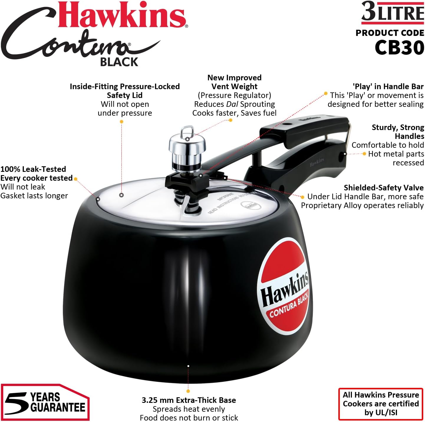 Hawkins 3.5 Litre Contura Black Pressure Cooker, Hard Anodised Inner Lid Cooker, Handi Cooker, Black (CB35)