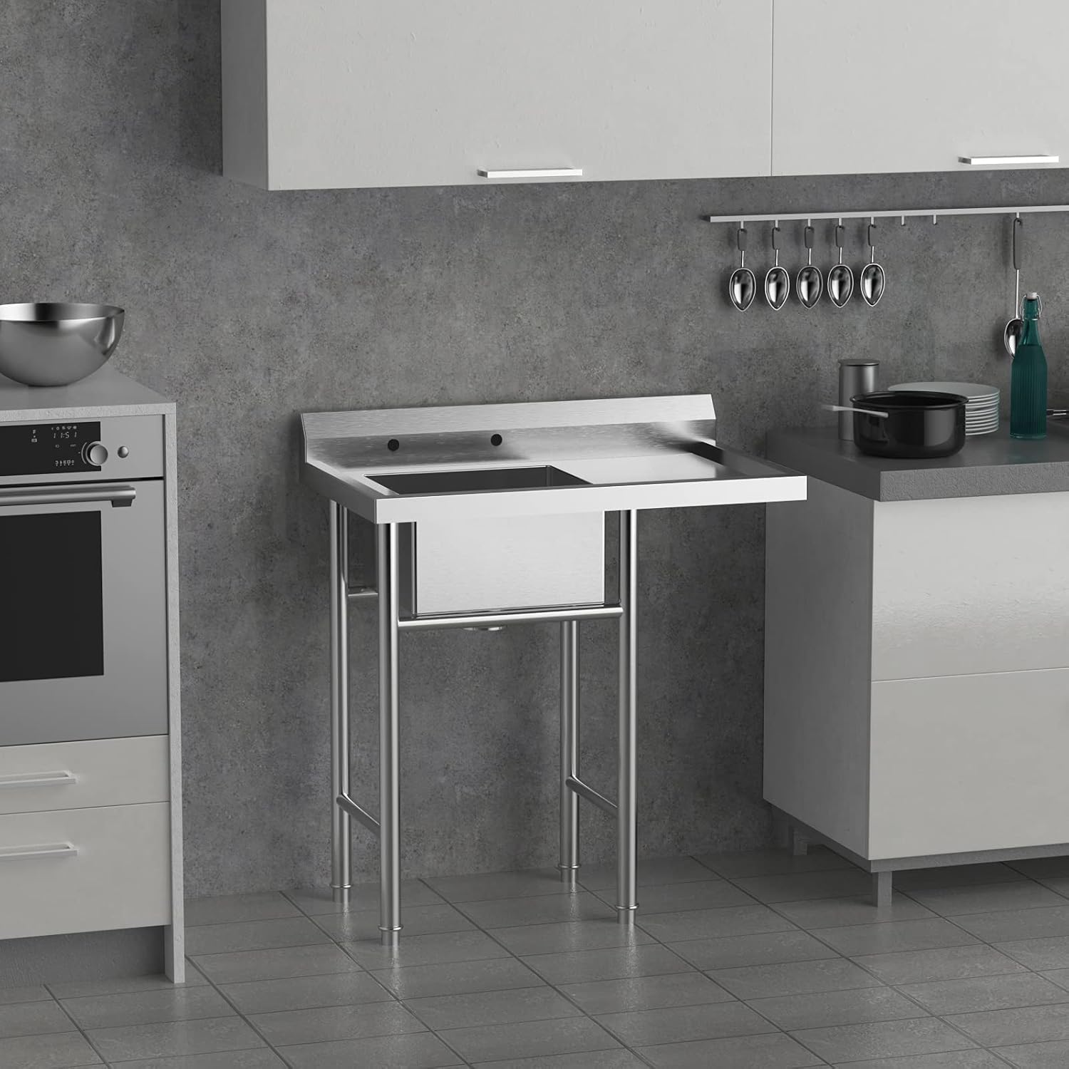 Bonnlo 304 Stainless Steel Utility Sink with Drainboard, One Compartment Workbench Sink Commercial Sink for Restaurant, Laundry Room, Backyard