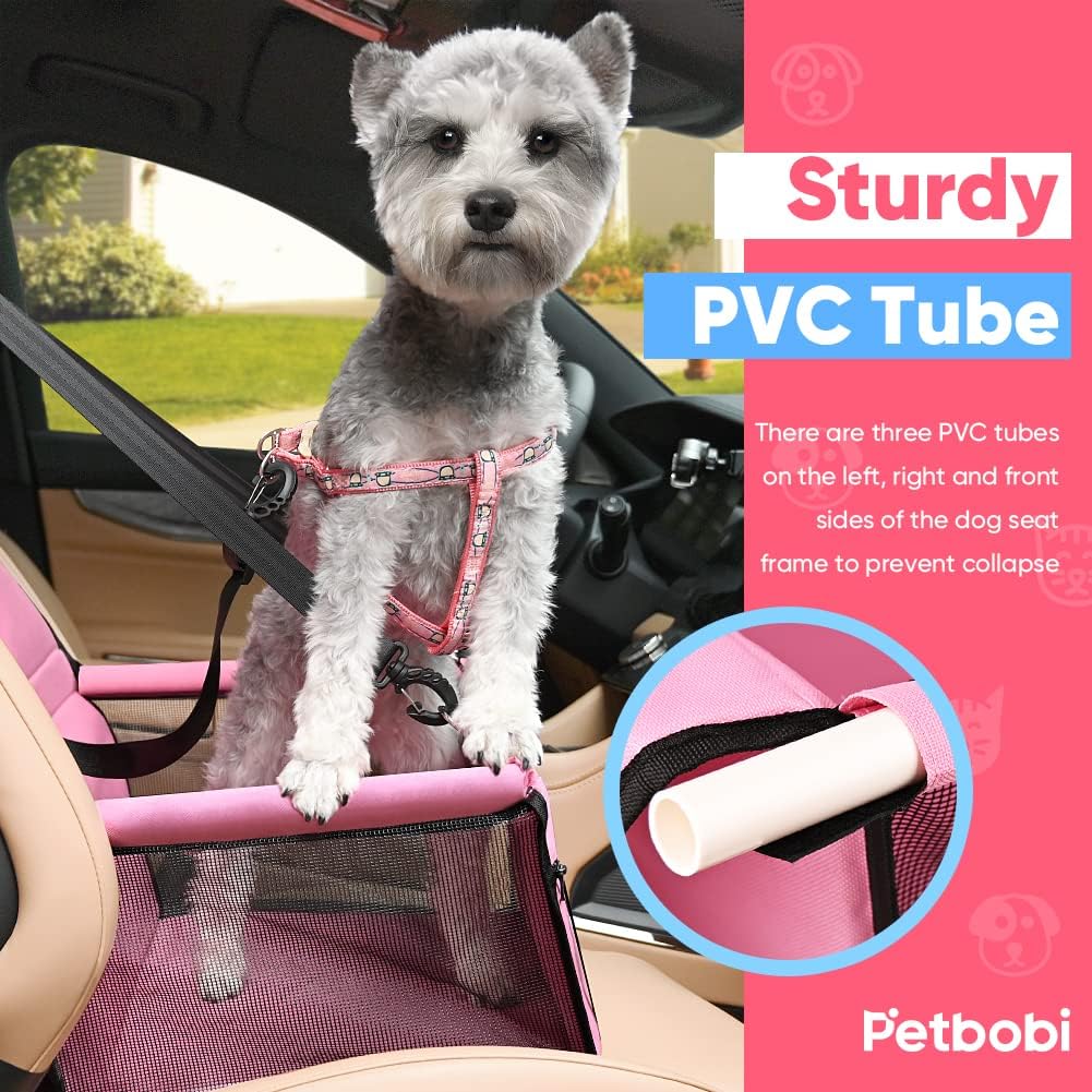 Petbobi Dog Car Seat for Small Dogs and Cats up to 15 lbs, Portable Booster | Pink, Water-resistant Oxford fabric, PVC Tubes, Folds Flat, Clip-on Leash Keeps Pups Secure and Drivers Focused