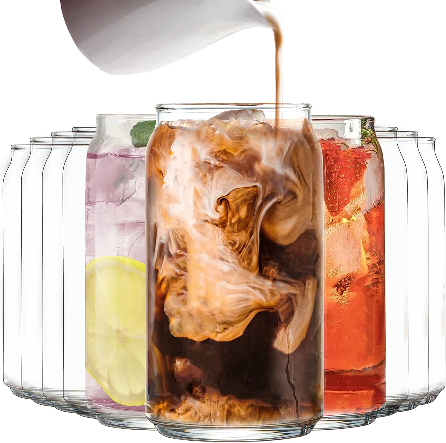 Le'raze Set of 10 Patented Can Shaped® Drinking Glasses - 16oz Clear Irish Glass Cups for Margarita, Cocktails, Iced Coffee, Tea, Soda, Whiskey