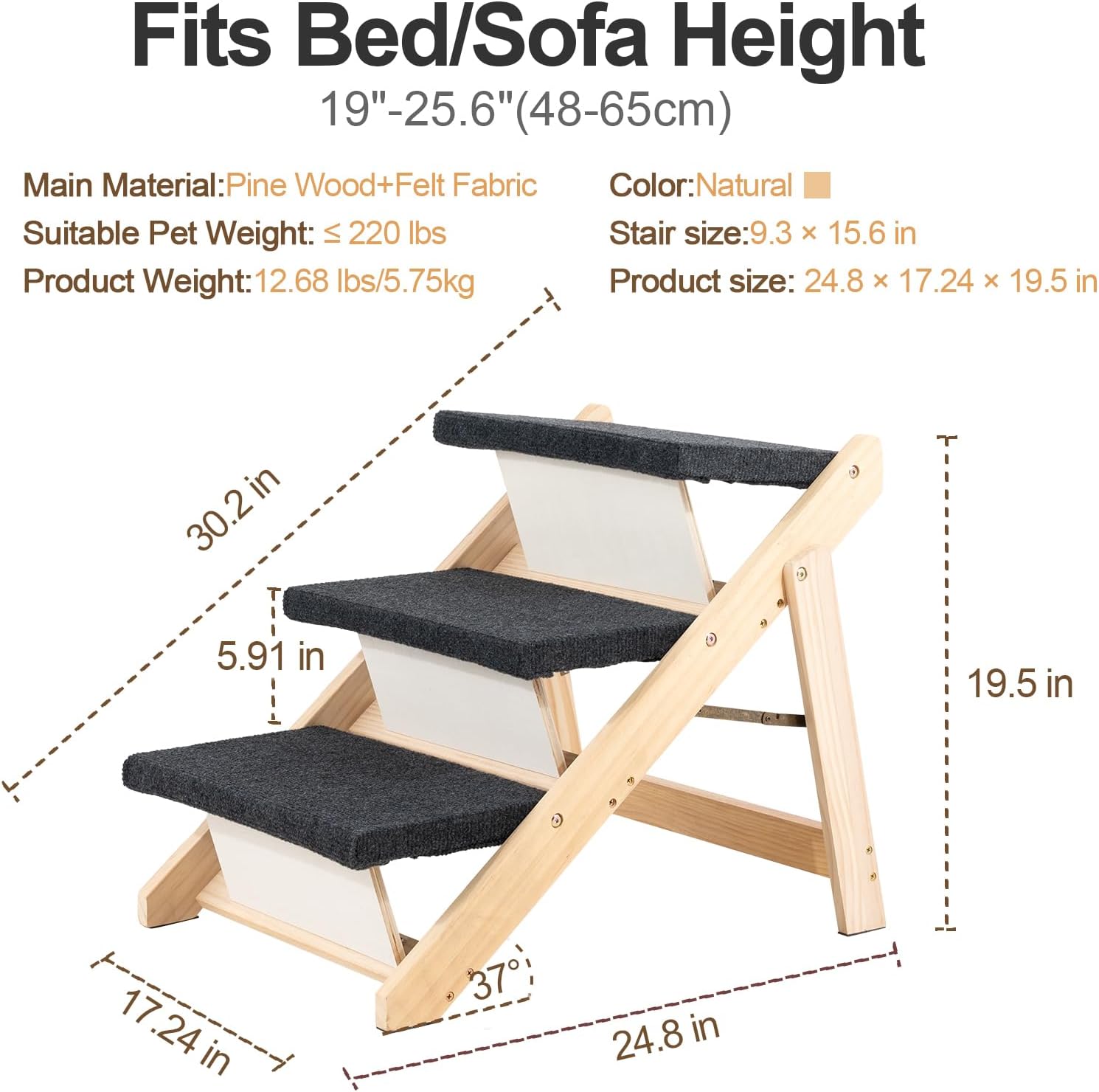MEWANG Wood Pet Stairs & Ramp for Small/Medium Dogs & Cats, Aging Pets – 2-in-1 Foldable, Portable, Non-Slip Pet Ladder for Tall Beds, Couches