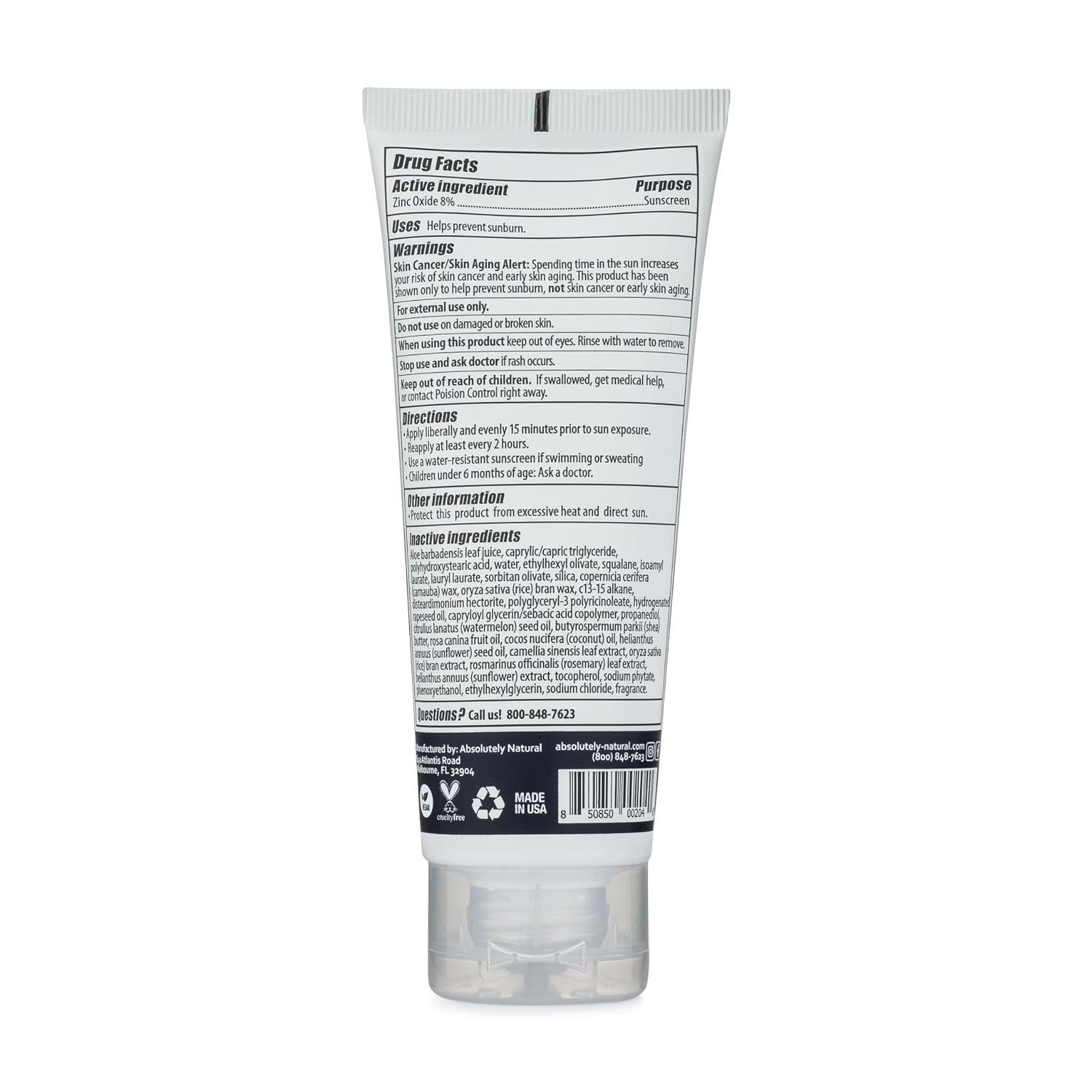 Absolutely Natural - SPF 15 Mineral Sunscreen - Broad Spectrum Water Resistant Moisturizer Lotion For Body & Face - With Non-Nano Zinc Oxide, Vitamin E, & Antioxidants - Made in USA, 3 Oz