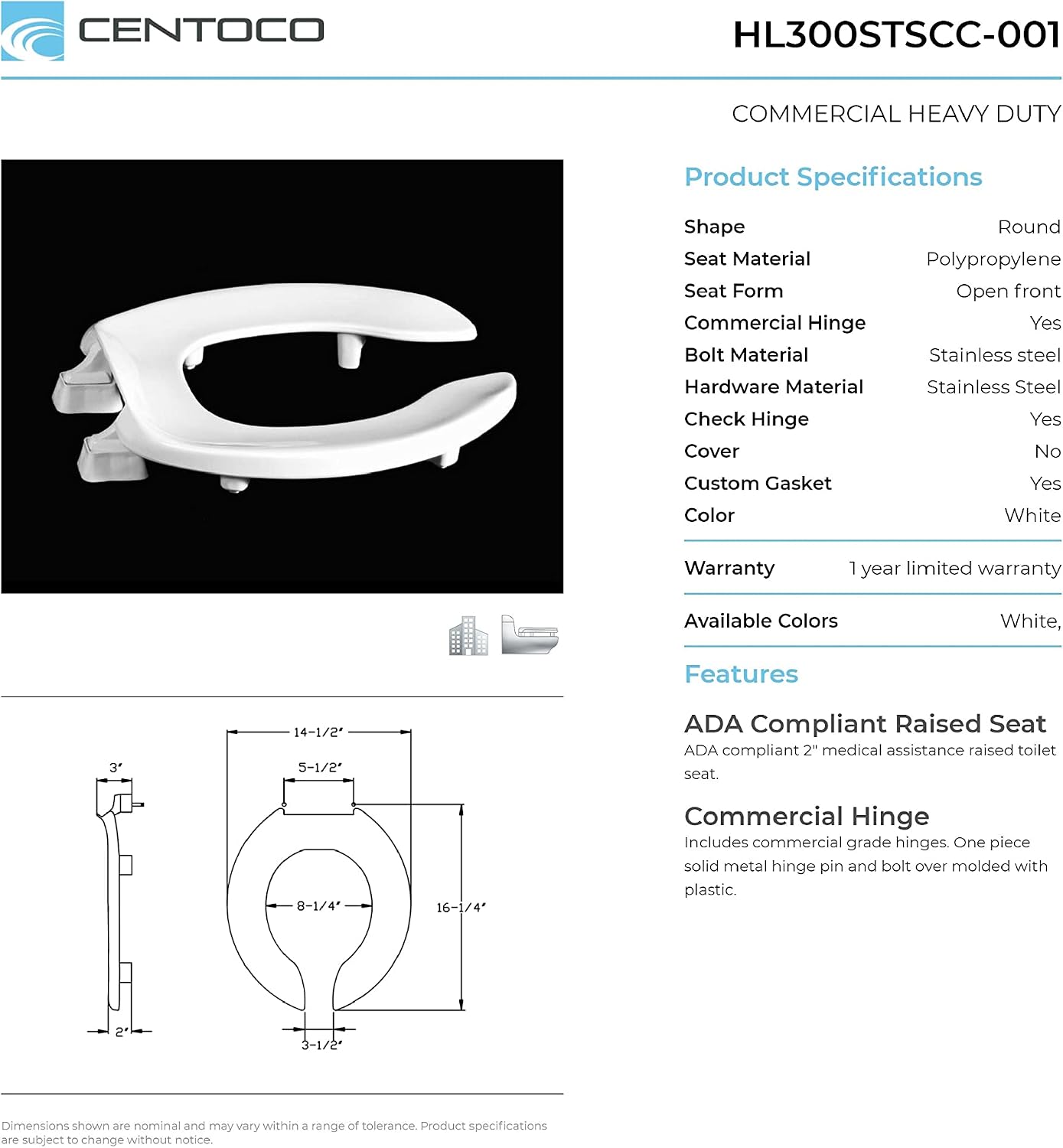 Centoco 3 inch Raised Toilet Seat for Seniors, Elongated, Open Front, White | Plastic, No Cover, 3L1500STSCC-001, Made in the USA