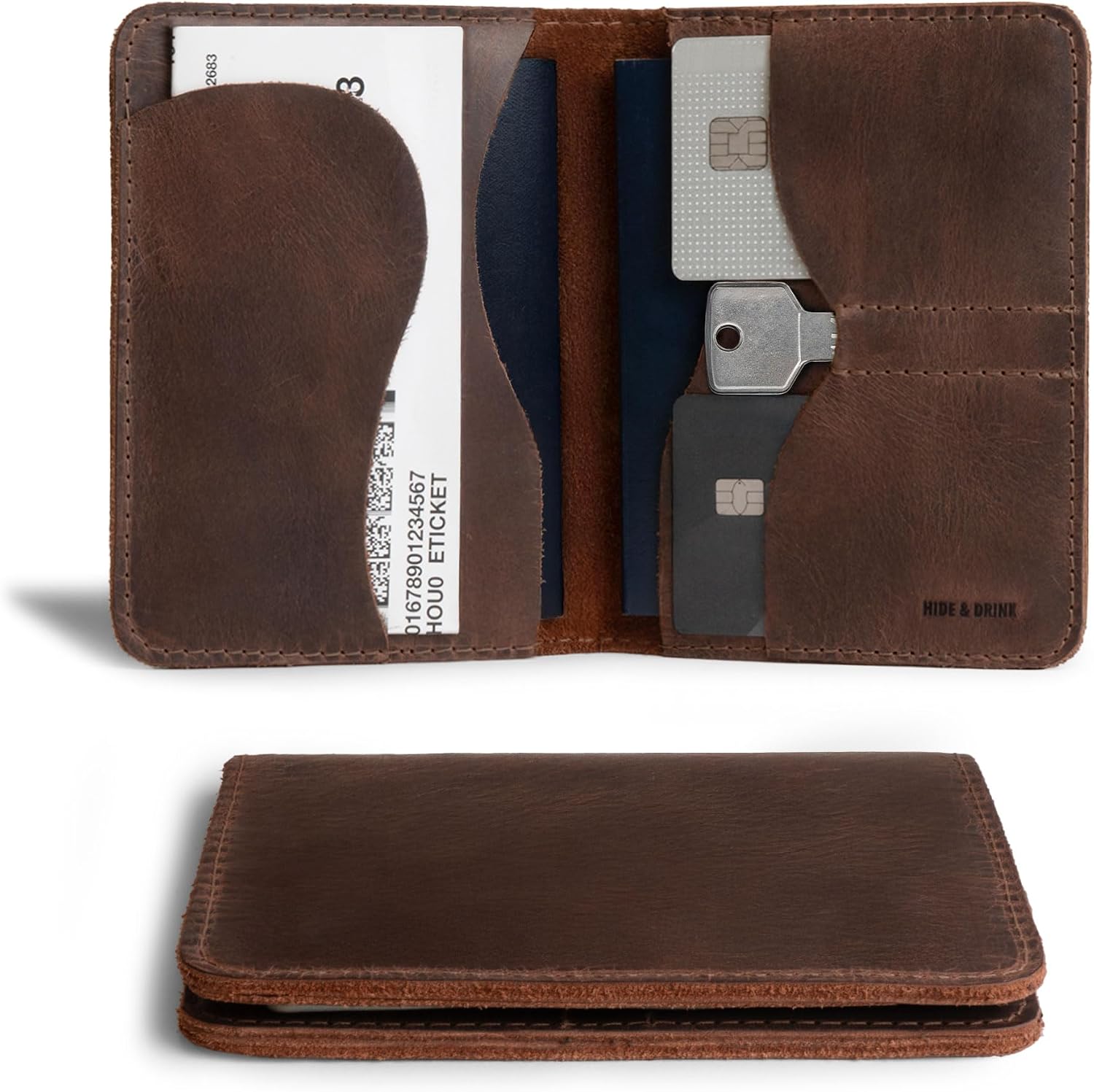 Hide & Drink, Double Passport Cover with Slots for Bills and Keys, Rustic Case, ID Organizer, Full Grain Leather, Handmade Accessories, Bourbon Brown