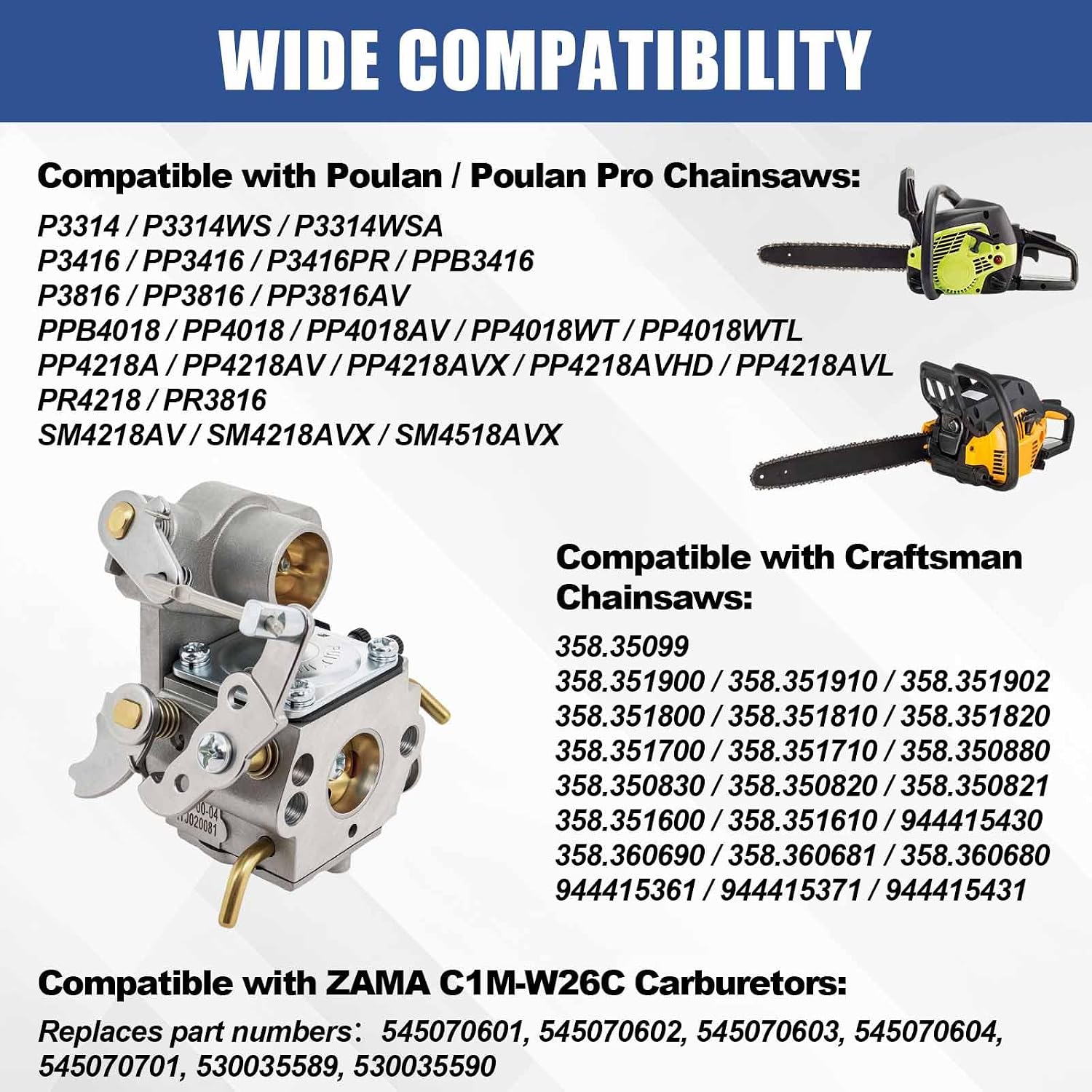 Podoy PP4218A P3314 Carburetor Compatible with Poulan Pro Chainsaw | Replaces 545070601 530070701 530035590, Compatible with P3416 P3816 PR4218 PP4218A 18" 35cc 42cc Craftsman ZAMA C1M-W26C