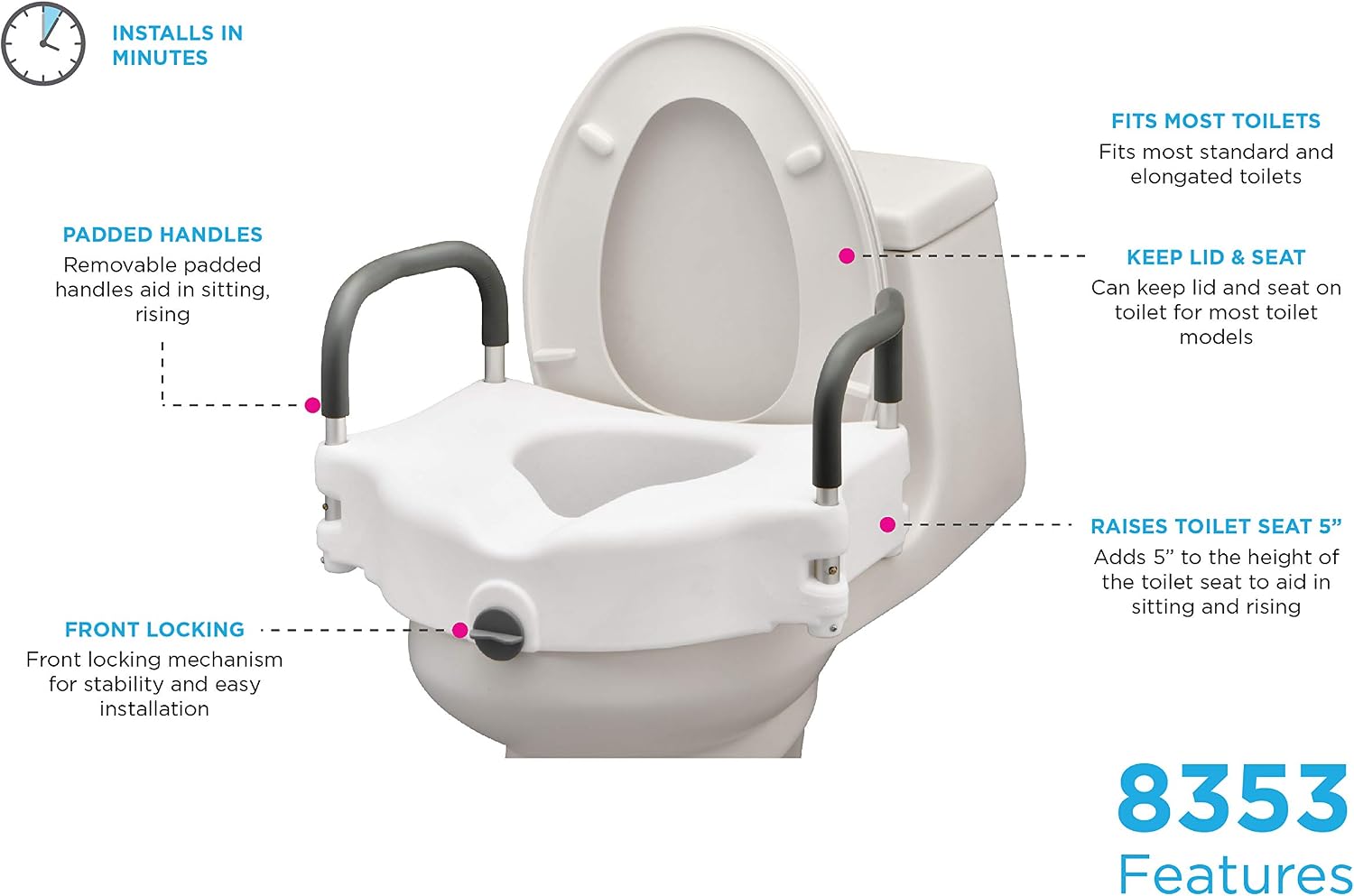 NOVA Toilet Seat Riser with Arms – Adds 5” Height, Raised Toilet Seat with ON/Off Front Lock, Adjustable & Removable Padded Arms (17.75”–20”), 300 lb Capacity, Safety Aid for Seniors