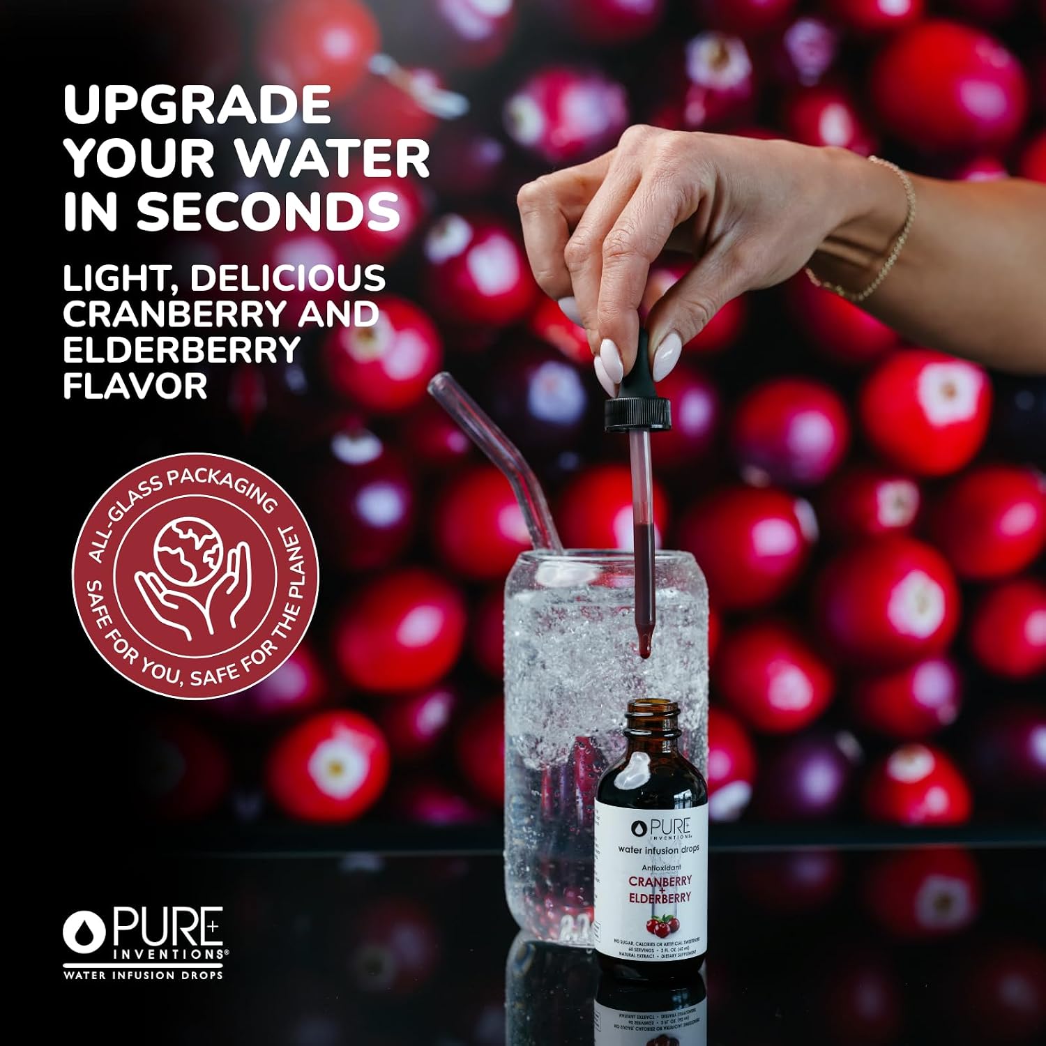 Pure Inventions Water Enhancer Drops - Refreshing and Delicious - Antioxidants, Electrolytes - No Sugar, Calories, or Artificial Sweeteners - Cranberry and Elderberry (60 Servings)