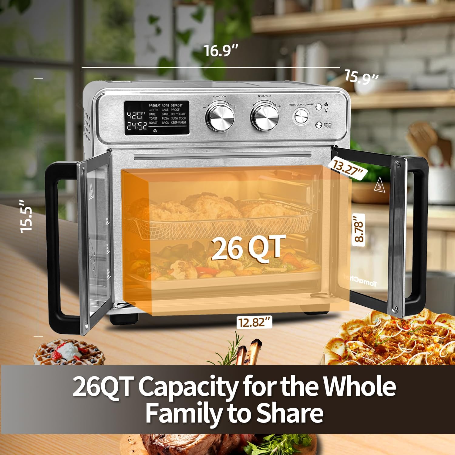 TomaChef 26QT French Door Air Fryer Oven Combo, 15-in-1 | 15 Cooking Functions and Digital Controls, 30 Recipes & 5 Accessories