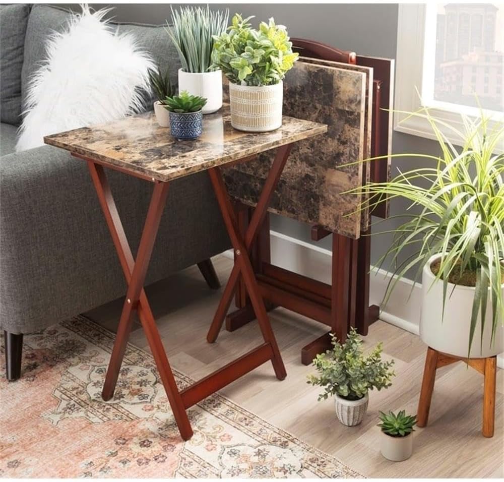 Riverbay Furniture 5 Piece TV Tray Table Set, Faux Marble Tops, Rubberwood and MDF, Brown Finish, Includes 4 Folding Tray Tables and 1 Storage Stand, Compact Design for Living Room or Home Use