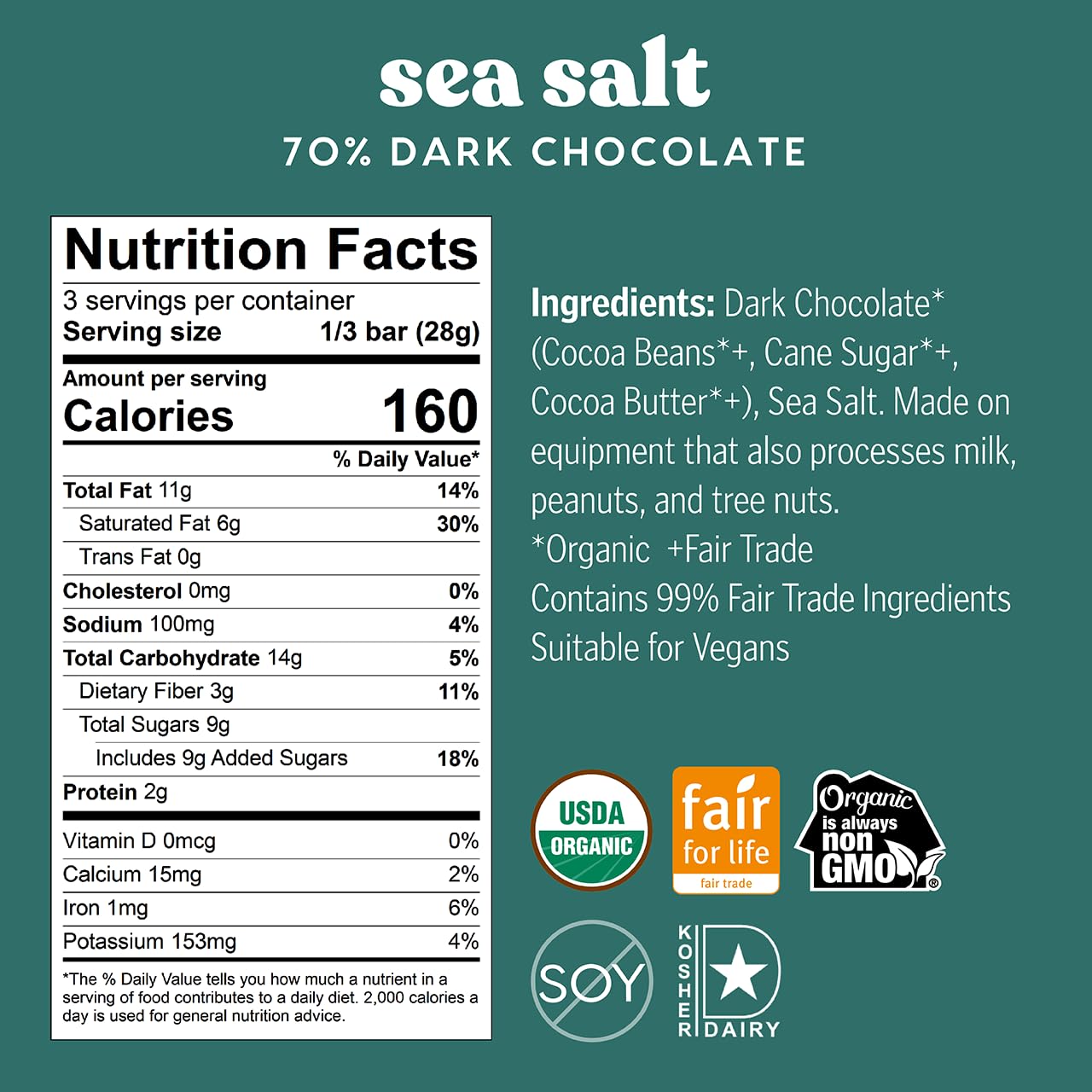 Theo Mint Organic Dark Chocolate Bar, 70% Cacao, 1 Bar | Vegan, Fair Trade