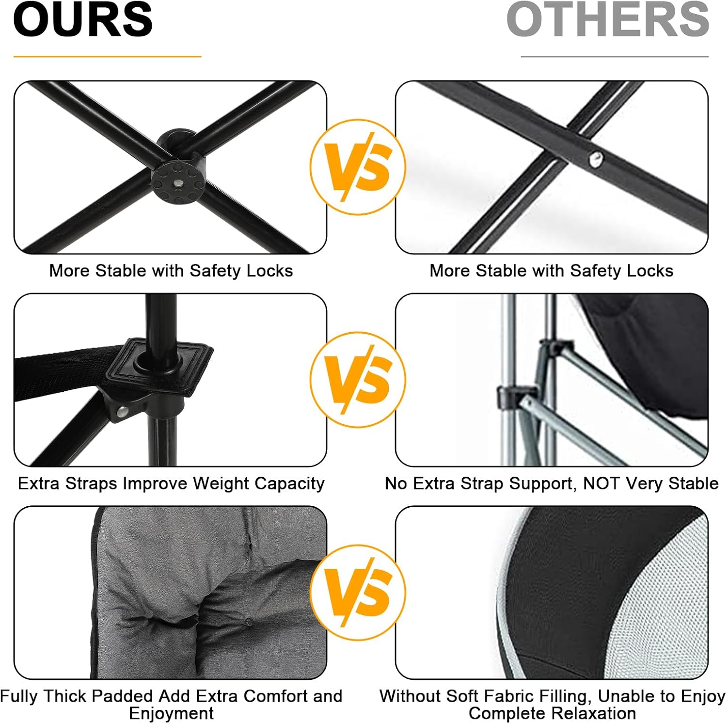 Oversized Camping Chairs Padded Heavy Duty Folding Support 400LBS | Comfy Lawn Chairs for Adults Outdoor Sports with Side Mesh Bag & Cup Holder, Portable Foldable, Sturdy Steel Frame (Grey)