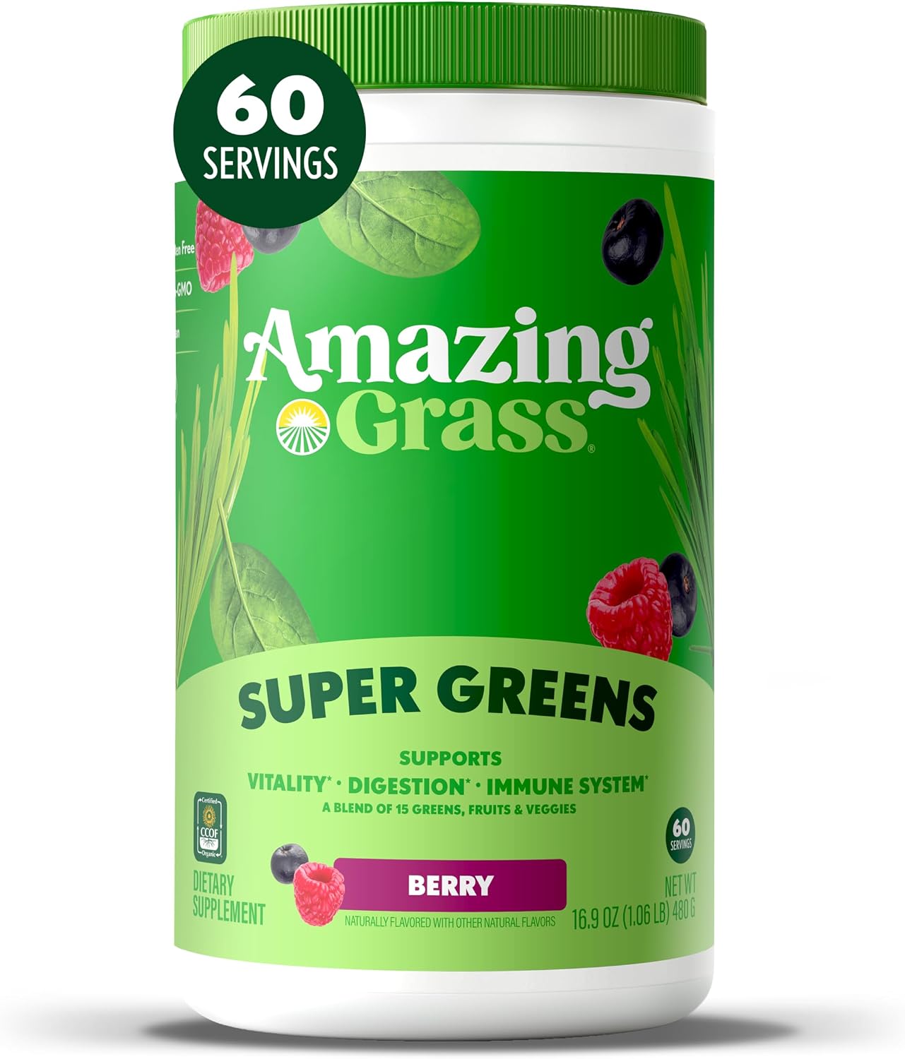 Amazing Grass Super Greens Powder Original, 60 Servings, 16.9 oz | Organic Greens Superfood Powder with Spirulina, Beet Root, Probiotics & Digestive Enzymes to Support Digestion