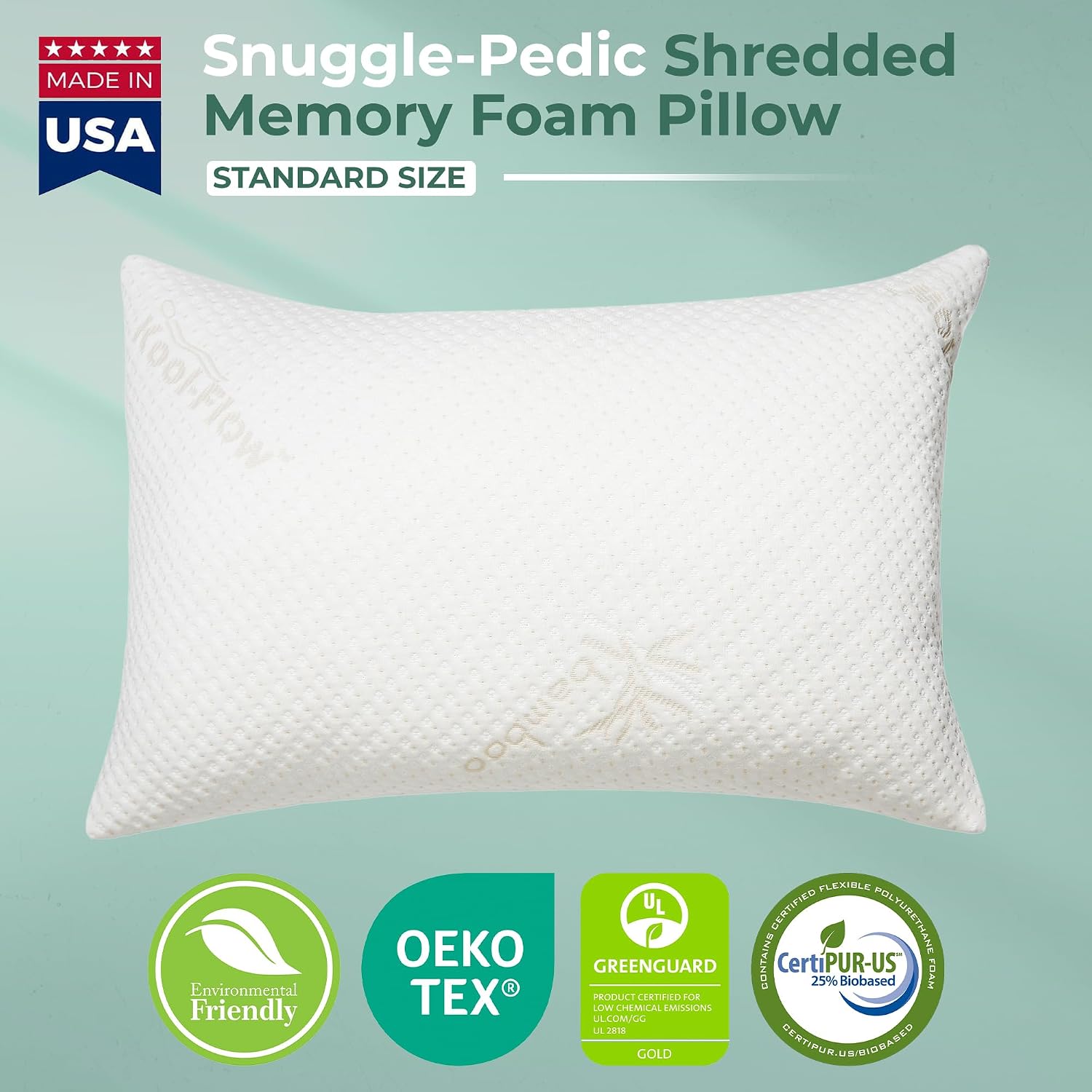 Snuggle-Pedic Adjustable Memory Foam Pillows - GreenGold Certified Pillow w/ Viscose of Bamboo Cover for Side, Stomach & Back Sleepers - Made in the USA - Standard