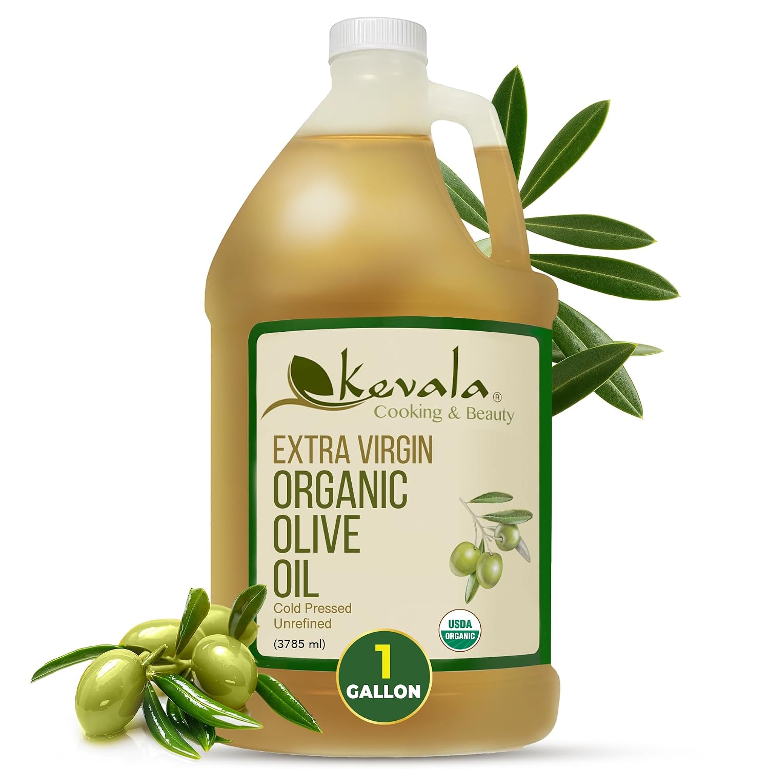Kevala Extra Virgin Organic Olive Oil - 1/2 gal, Unrefined Cooking Oil | 64 oz, Cold Pressed, No Preservatives, Made with Selected Fresh Olives, Natural Kitchen Pantry Essential, Easy Storage