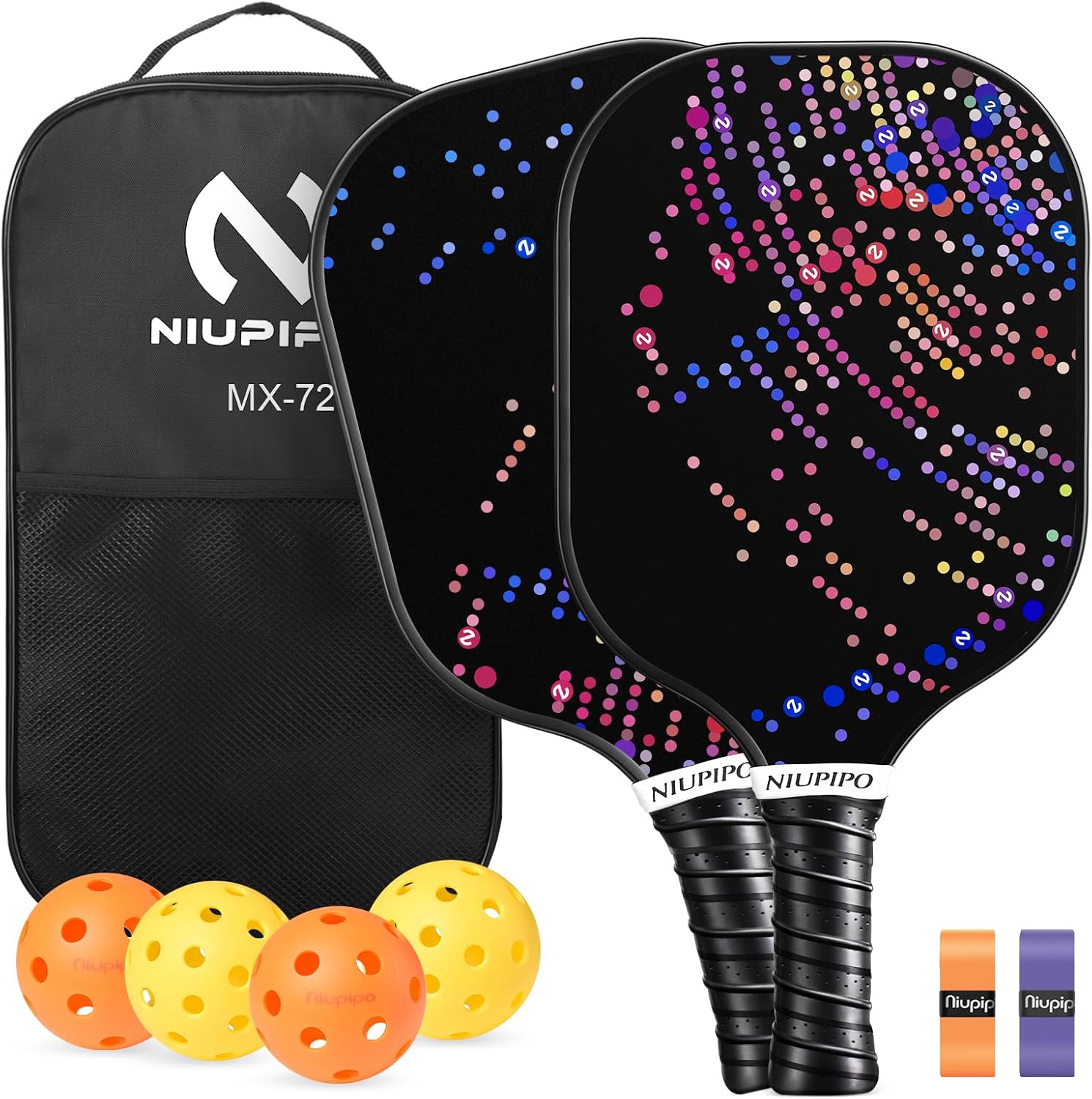 niupipo Pickleball Paddles Set of 2 or 4, USAPA Approved Fiberglass Pickleball Paddle Set with Balls and Bag, Polypropylene Honeycomb Core