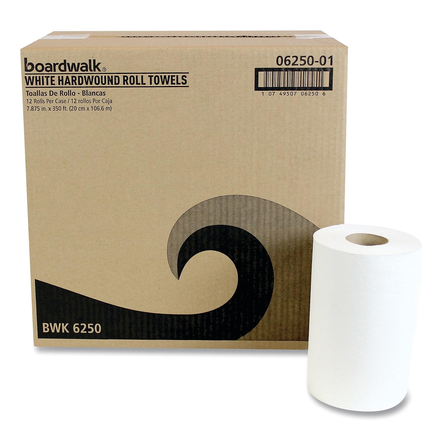 Boardwalk 6250 Hardwound Paper Towels, Nonperforated 1-Ply White, 350 ft (Case of 12 Rolls) | Made In The USA