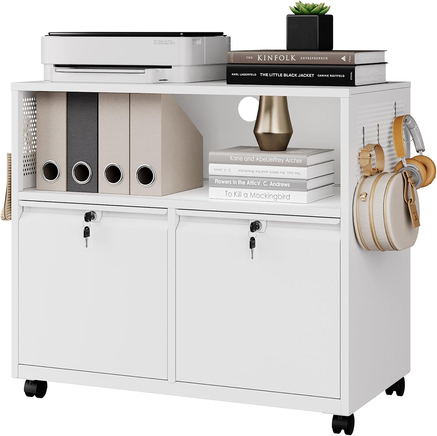 Mobile 3 Drawer File Cabinet with Lock-Metal Lateral Rolling Printer Stand Filing Cabinets for Home Office-Storage A4/F4/Letter (White)