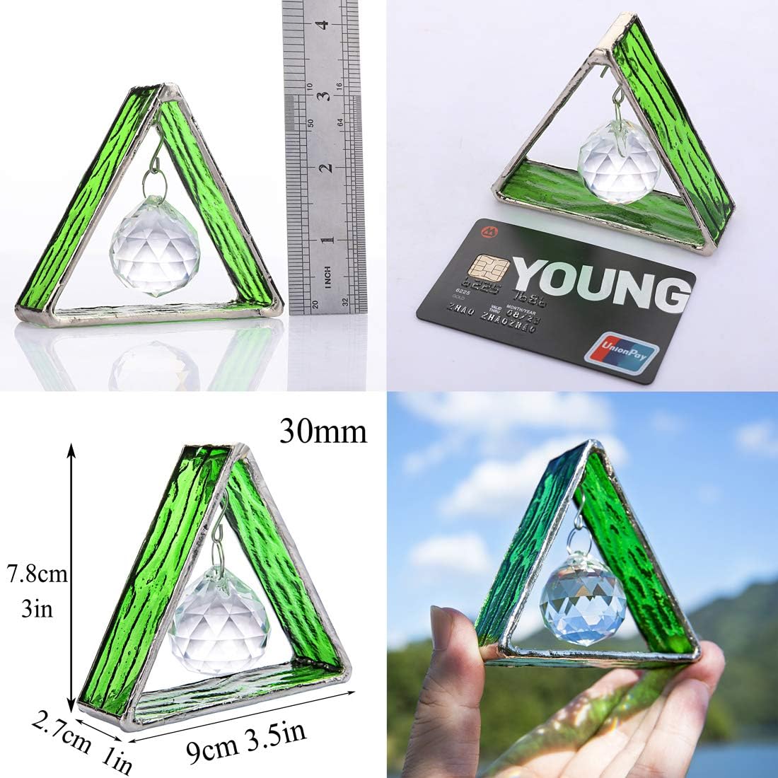 Green Stained Glass Pyramid Suncatcher Window Hanging Prism Decor