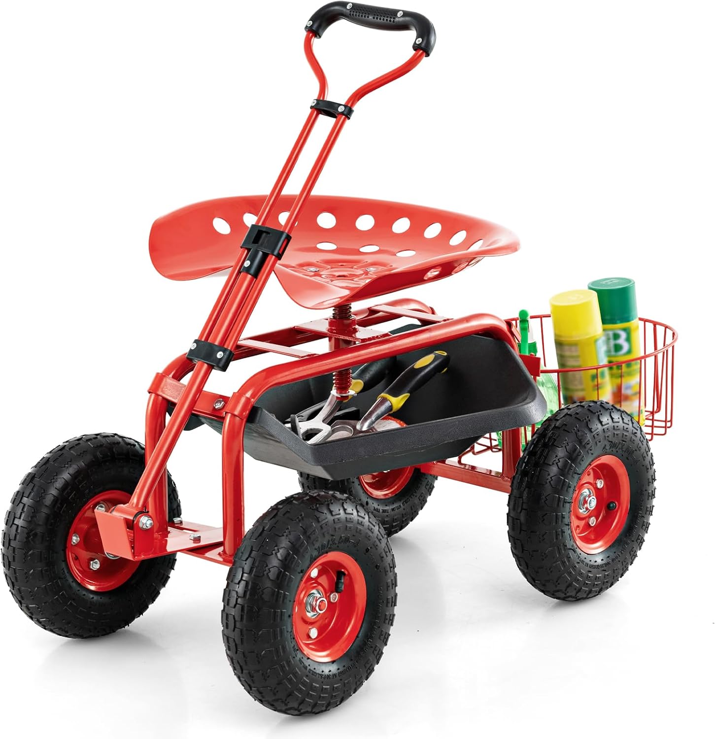 Goplus Rolling Garden Cart with Seat, Outdoor Garden Stool with Wheels, Tool Tray & Basket, Adjustable Steering Handle