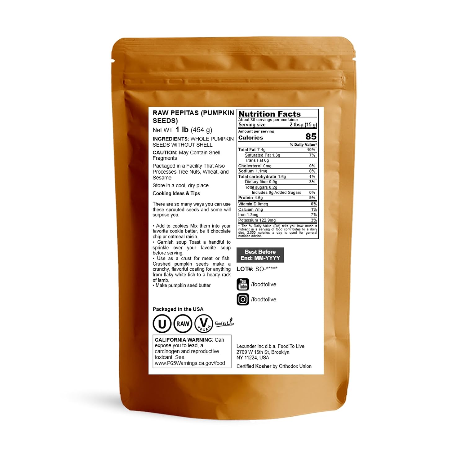 Food to Live - Raw Pepitas, 8 Ounces, Pumpkin Seed Kernels, Unsalted, No Shell, Vegan, Kosher, Keto, Bulk. Wholesome Snack. High in Protein, Essential Fatty Acids.