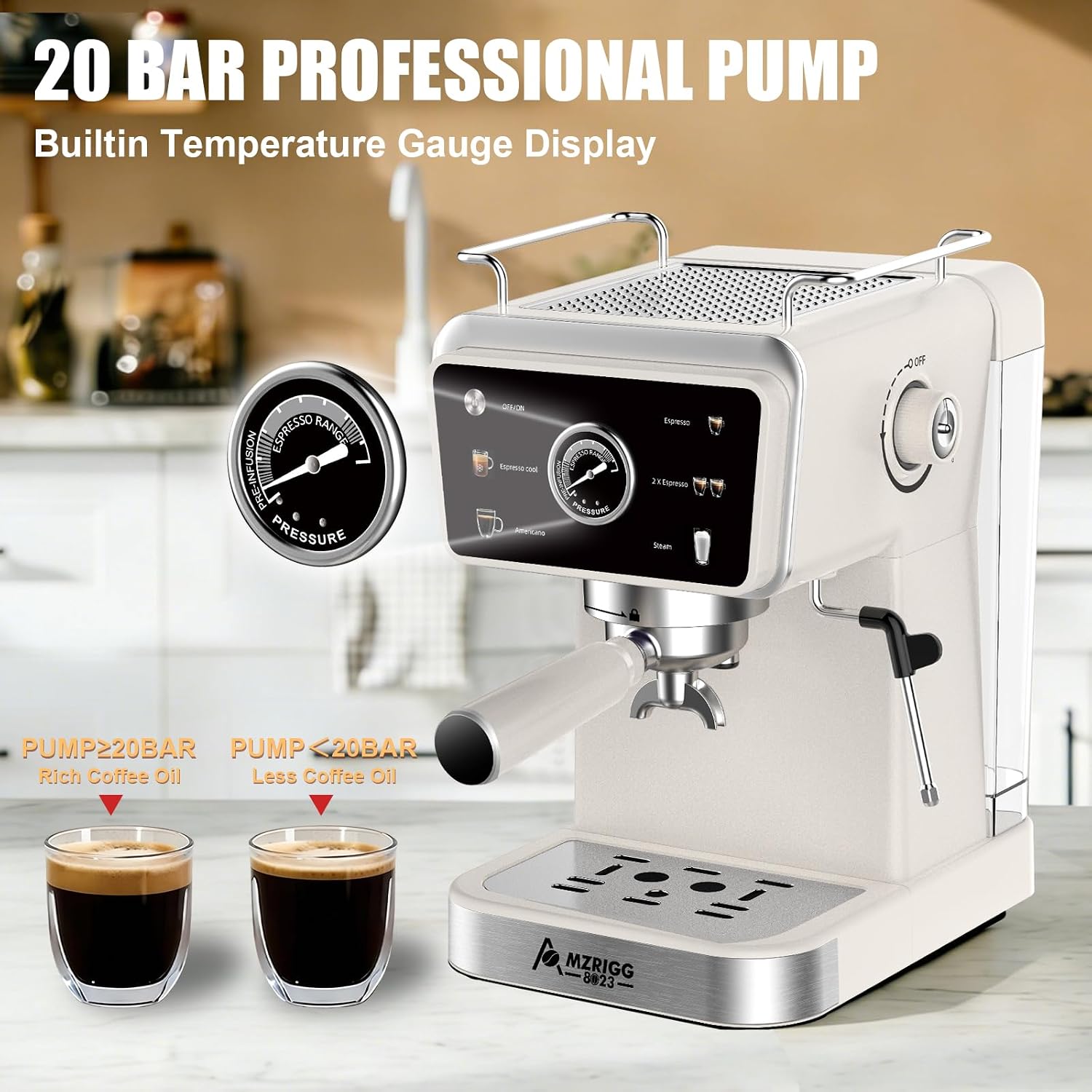 MZRIGG 8023 20 Bar Semi-Automatic Espresso Machine, 1350W Fast Heating Coffee Maker with Milk Frother Steam Wand