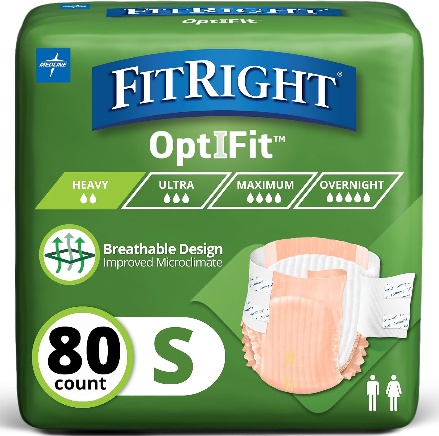 FitRight Adult Diapers, Extra Heavy Absorbency, XL (Waist Size 56in-64in), 80 Count, OptiFit Incontinence Briefs for Men and Women, Disposable, Moisture Wicking, Leak Protection,