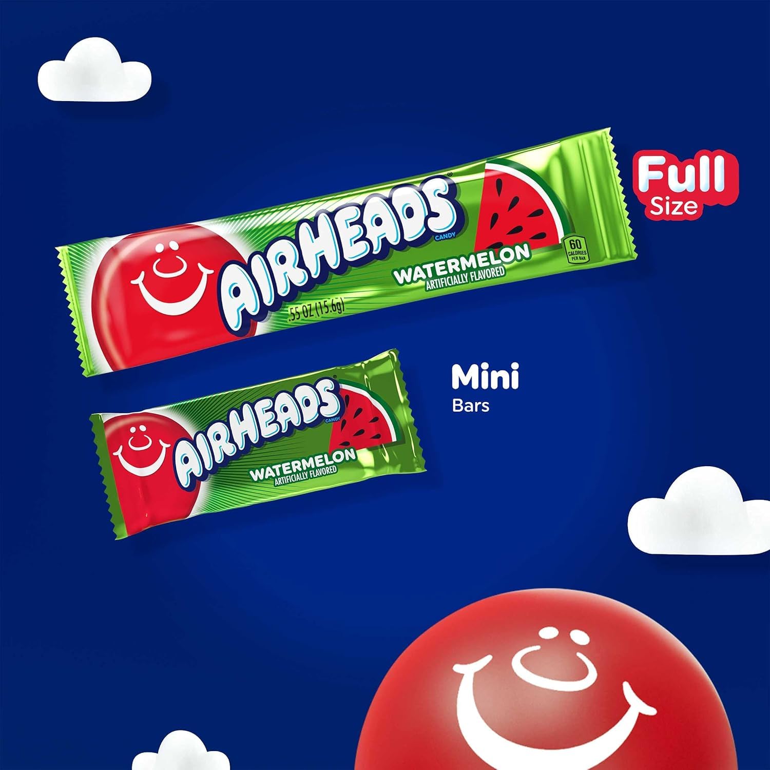 Airheads Full-Size Candy Bars, Assorted Taffy Variety Pack, 60 Count Box | Individually Wrapped Bulk Candy, Six Assorted Fruit Flavors, Artificially Flavored