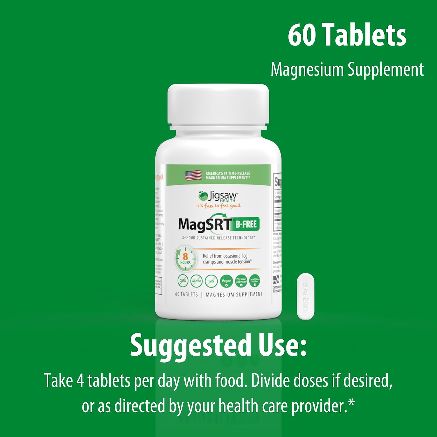 Jigsaw Health MagSRT | Magnesium Supplement with Vitamin B6, Folate & B12 | 240 Tablets | 60 Servings