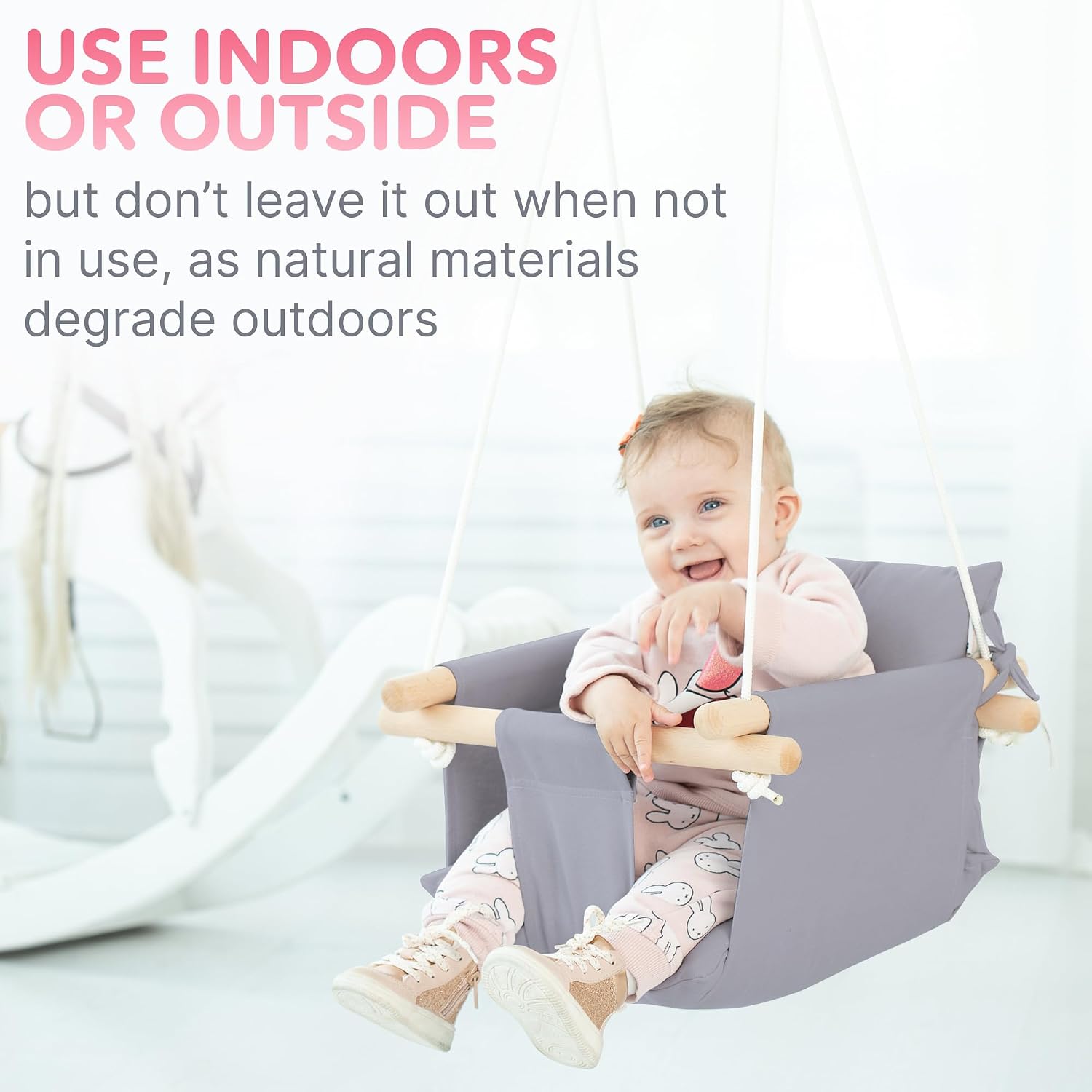CaTeam Canvas Baby Swing Seat with 5-Point Safety Belt — Wooden Hanging Toddler Swing, Indoor & Outdoor, Ages 1-4, Ceiling Mount Hardware Included