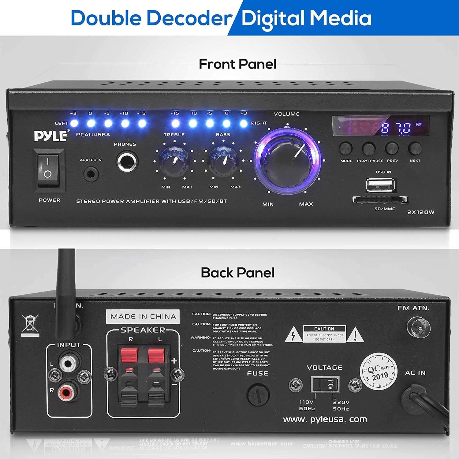 Pyle Home Power Amplifier with Bluetooth Wireless - 2 x 120 Watt Stereo Receiver w/ Blue LED Level Meter, FM Radio, USB-A Input w/ MP3 Player