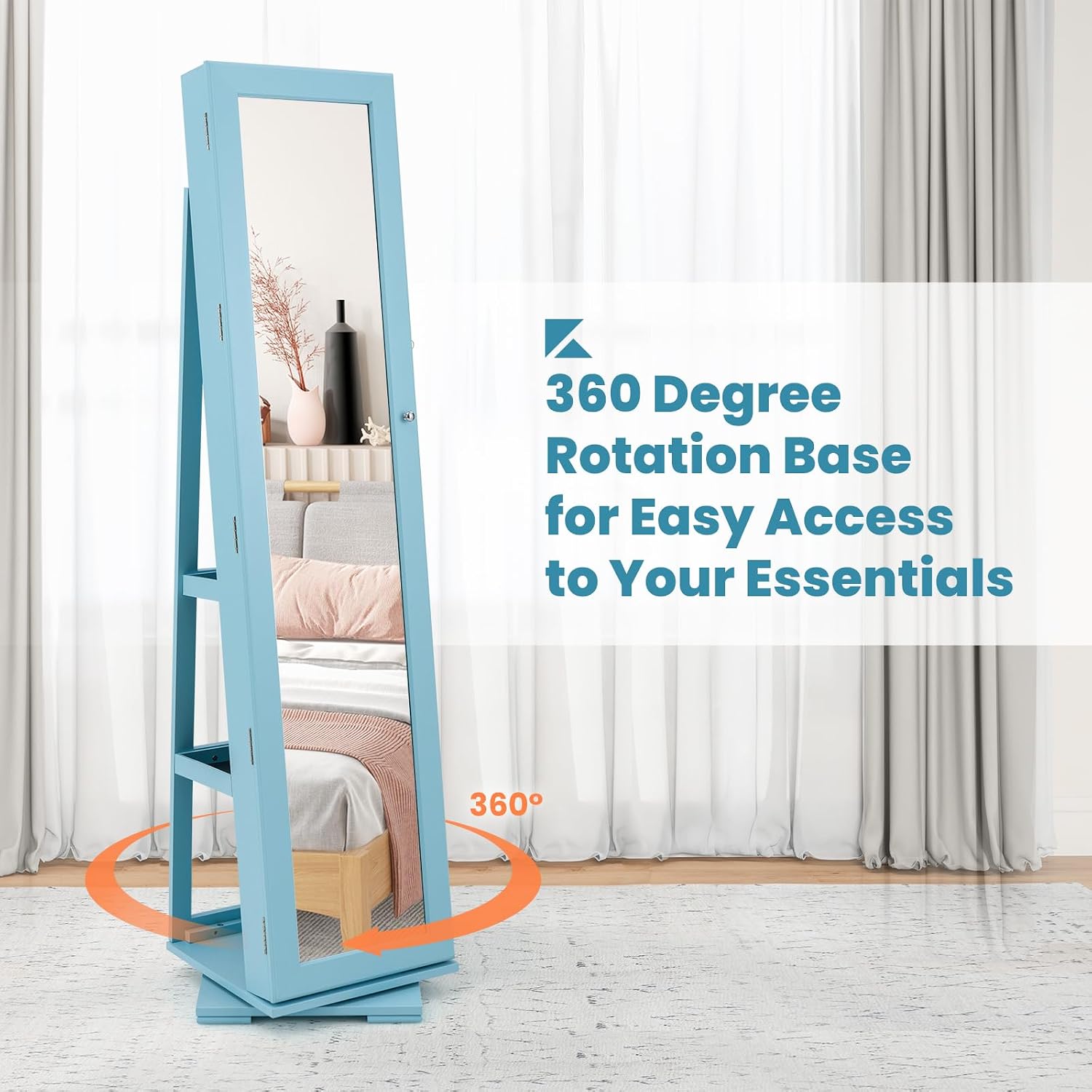 CHARMAID 360° Swivel Jewelry Armoire with Higher Full Length Mirror, Standing Lockable Jewelry Cabinet Organizer with Large Storage Capacity