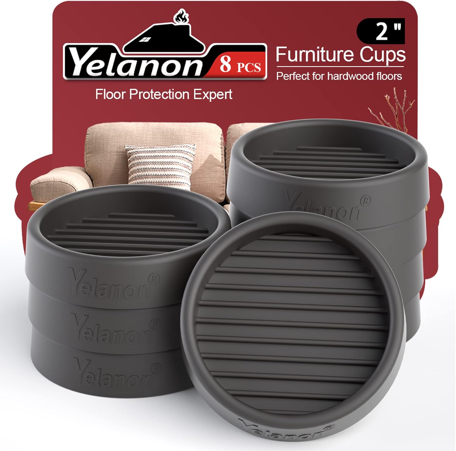 Yelanon Furniture Coasters 8 Pcs 3" Square Brown Caster Cups for Hardwood