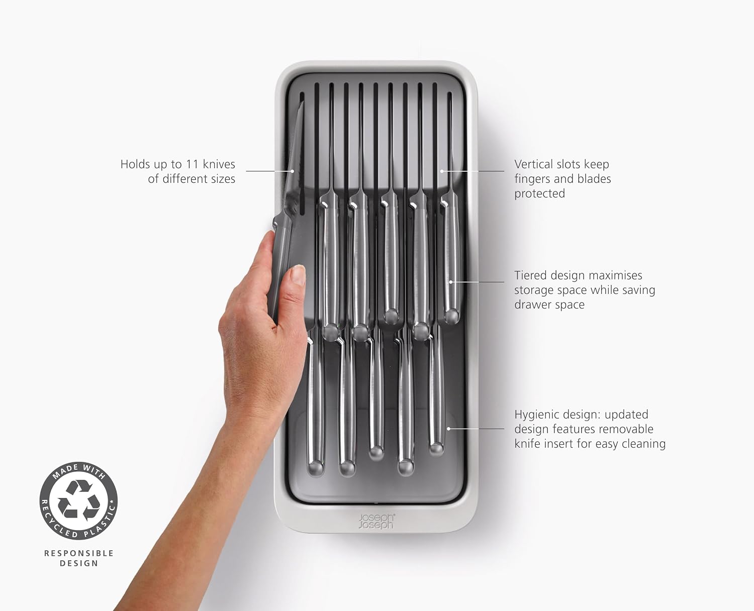 Joseph Joseph DrawerStore Knife Organizer, holds up to 9 knives, Kitchen Organization & Drawer Storage – Compact, Gray