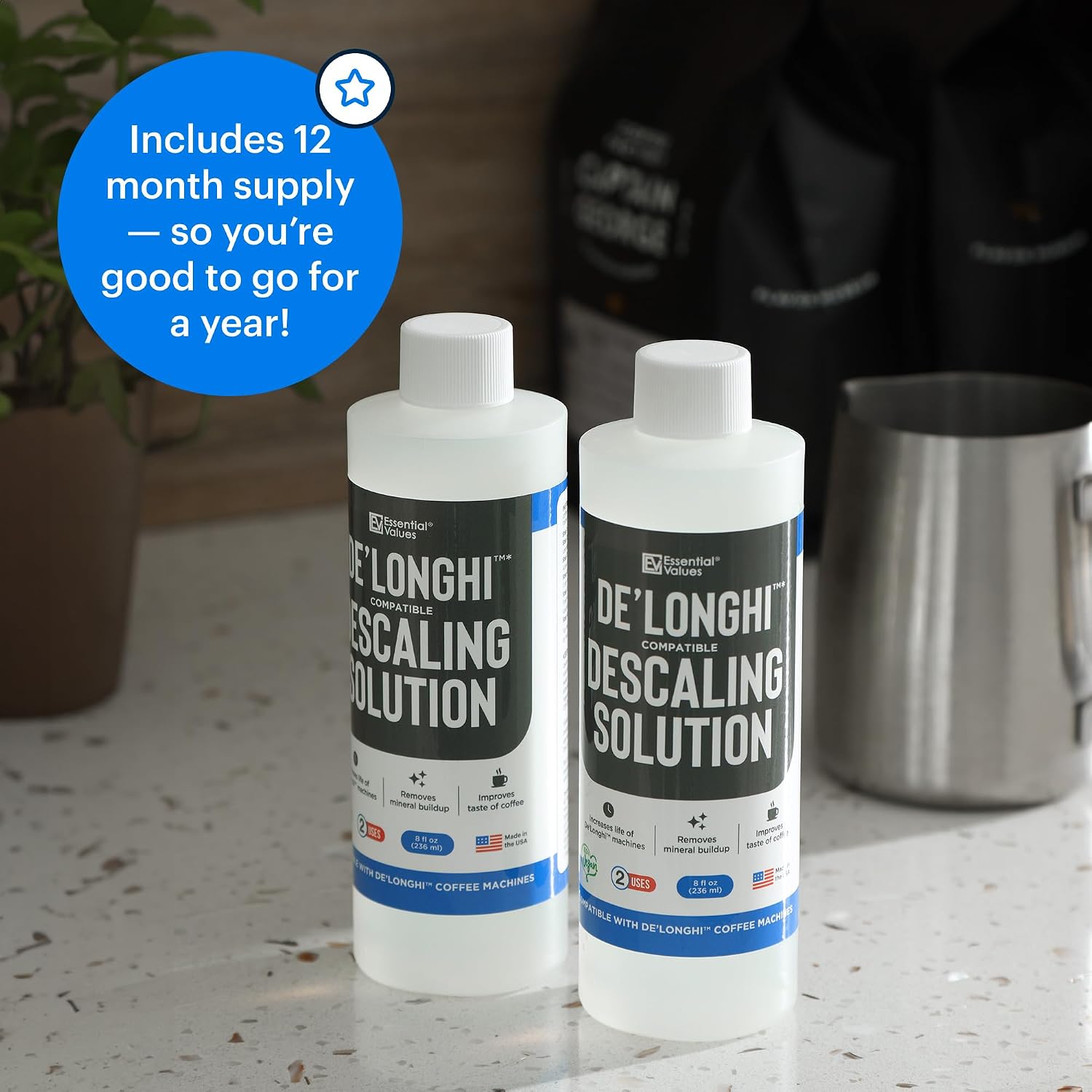 Essential Values Universal Descaling Solution, Made in the USA for Delonghi, Keurig, Breville,Nespresso (2 Uses) Coffee Machine Descaler Cleaner for all Automatic Coffee Makers & Espresso Machines