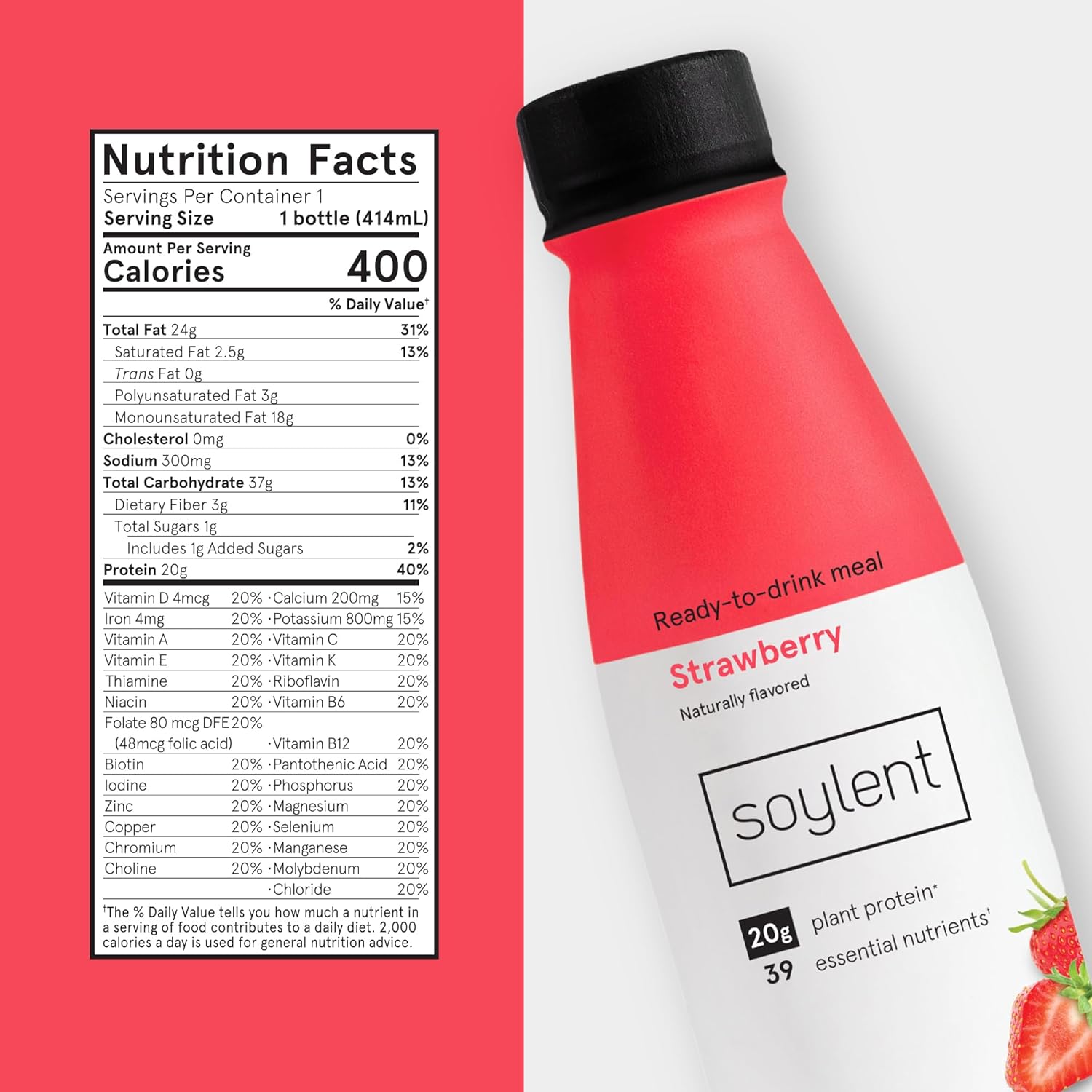 Soylent Creamy Chocolate Meal Replacement Shake, Ready-to-Drink Plant Based Protein Drink, Contains 20g Complete Vegan Protein and 1g Sugar, 14oz