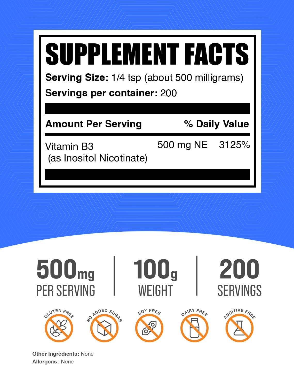 BulkSupplements.com Flush Free Niacin Powder - as Inositol Hexanicotinate, Vitamin B3 Supplement, Niacin 500mg Flush Free - Gluten Free, 500mg of per Serving, 250g (8.8 oz) (Pack of 1)