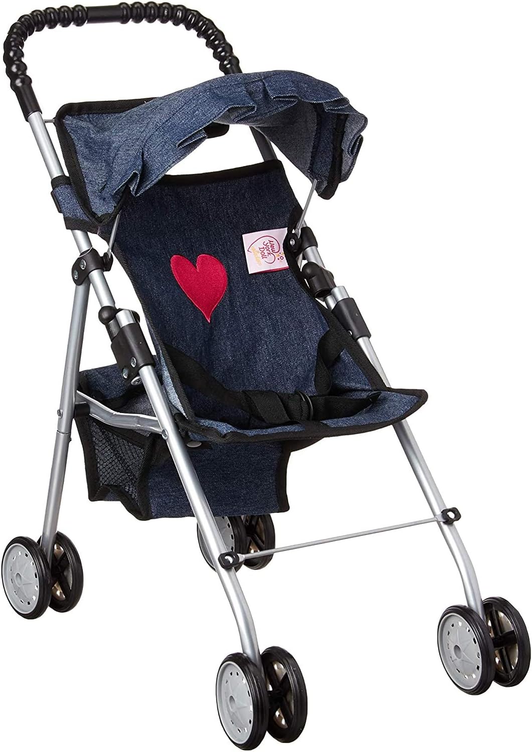 The New York Doll Collection My First Doll Stroller with Basket & Heart Design Foldable Doll Stroller, Pink
