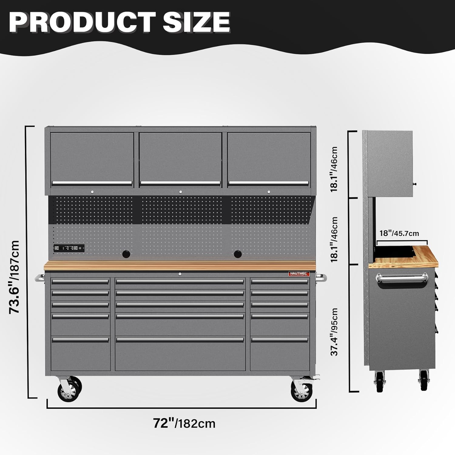 HAUTMEC 72" Rolling Tool Chest with 15 Lockable Drawers & 3 Upper Cabinets, Heavy-Duty 16-Gauge Steel Garage Workbench with Solid Oak Top
