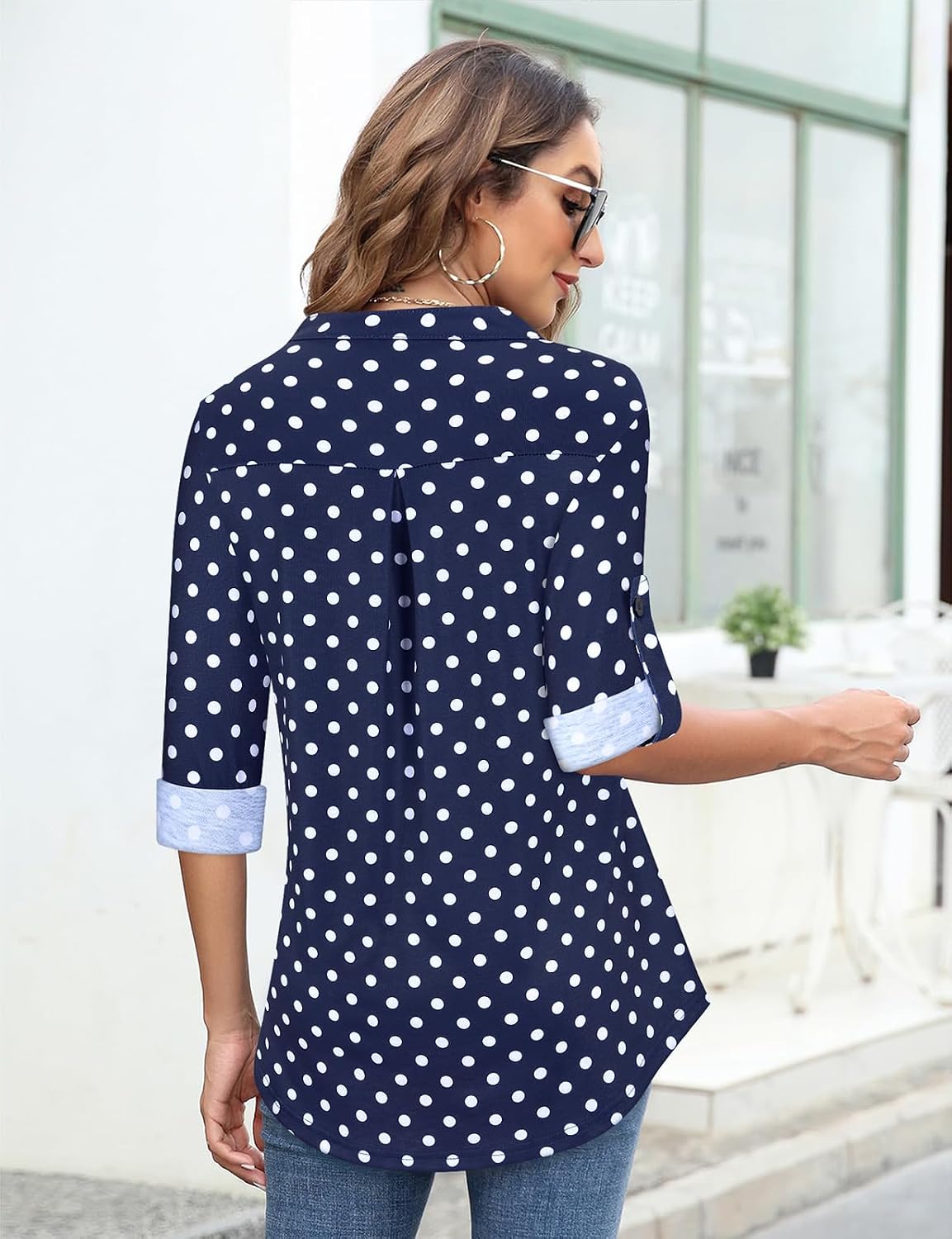 Tanst Sky Womens Casual Long Sleeve Zipped V Neck Plaid Tunic Blouses