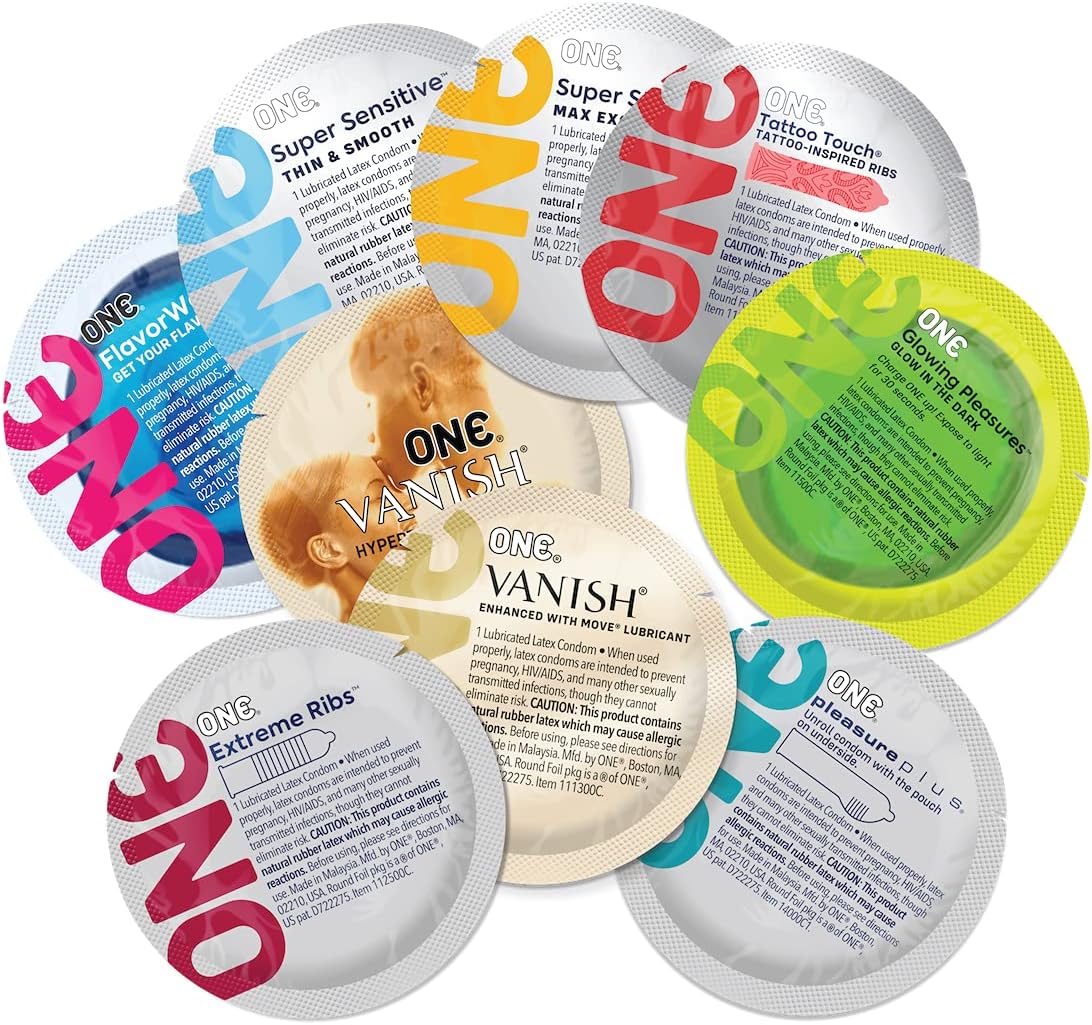 ONE® Condoms Mixed Pleasures™ Variety Pack | Ultra Thin, Glowing, Flavored, and Textured Condoms | 24 Count