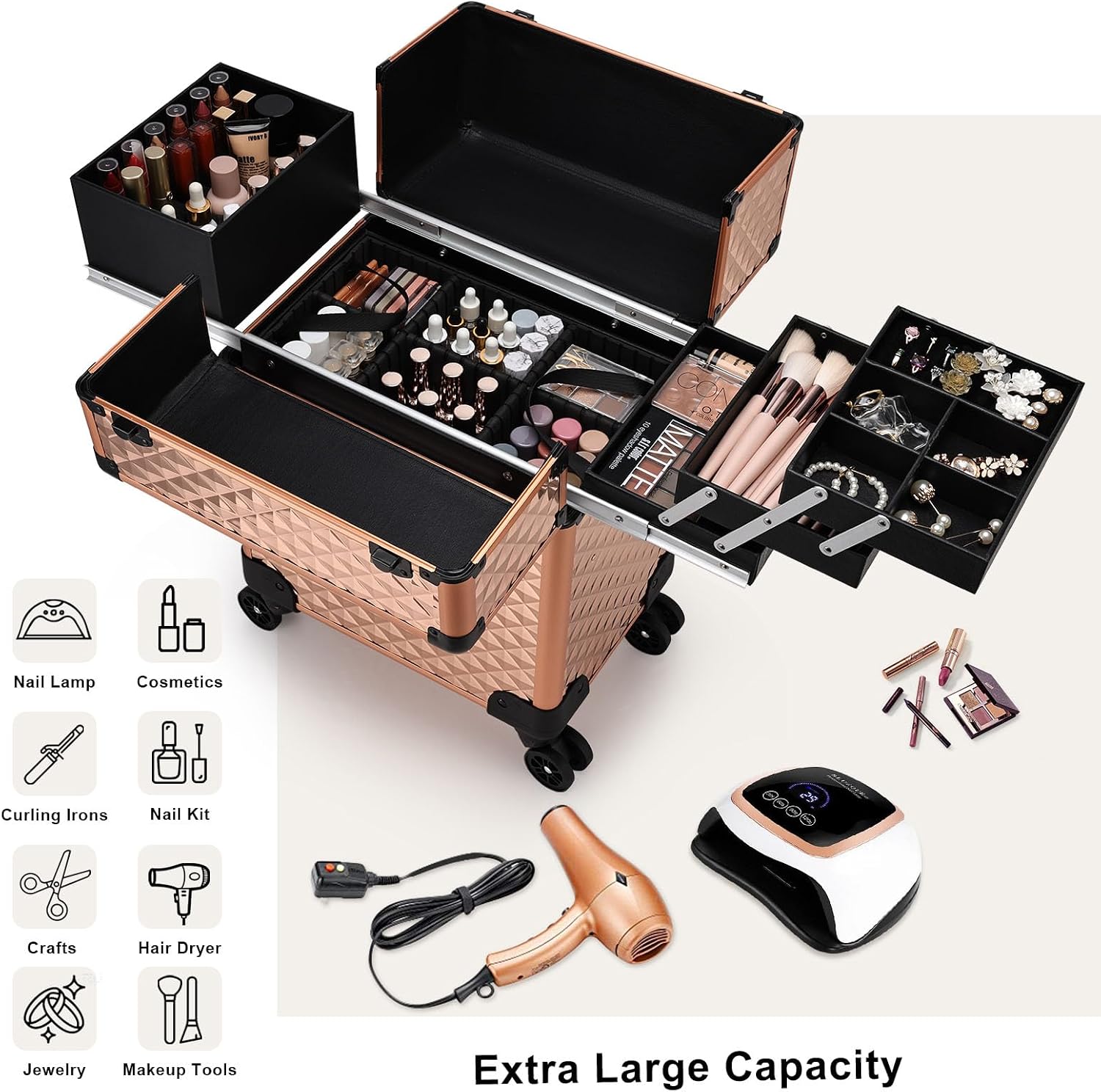 Stagiant Rolling Makeup Train Case Large Storage Cosmetic Trolley 4 Tray with Sliding Rail Removable Middle Layer with Key Swivel Wheels Salon
